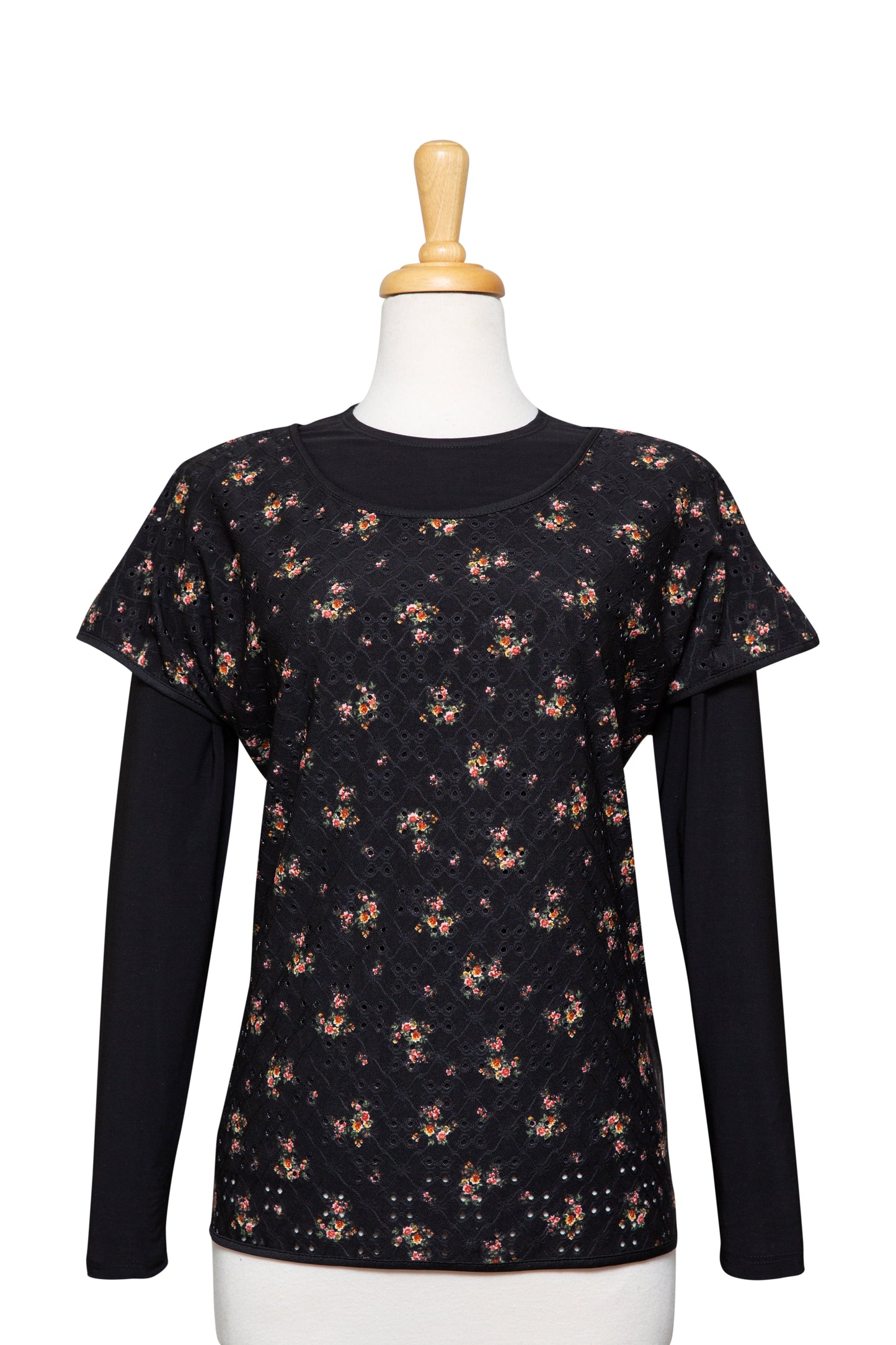 Black and Pumpkin Mini Floral Short Sleeve With Black Long Sleeve Microfiber Top