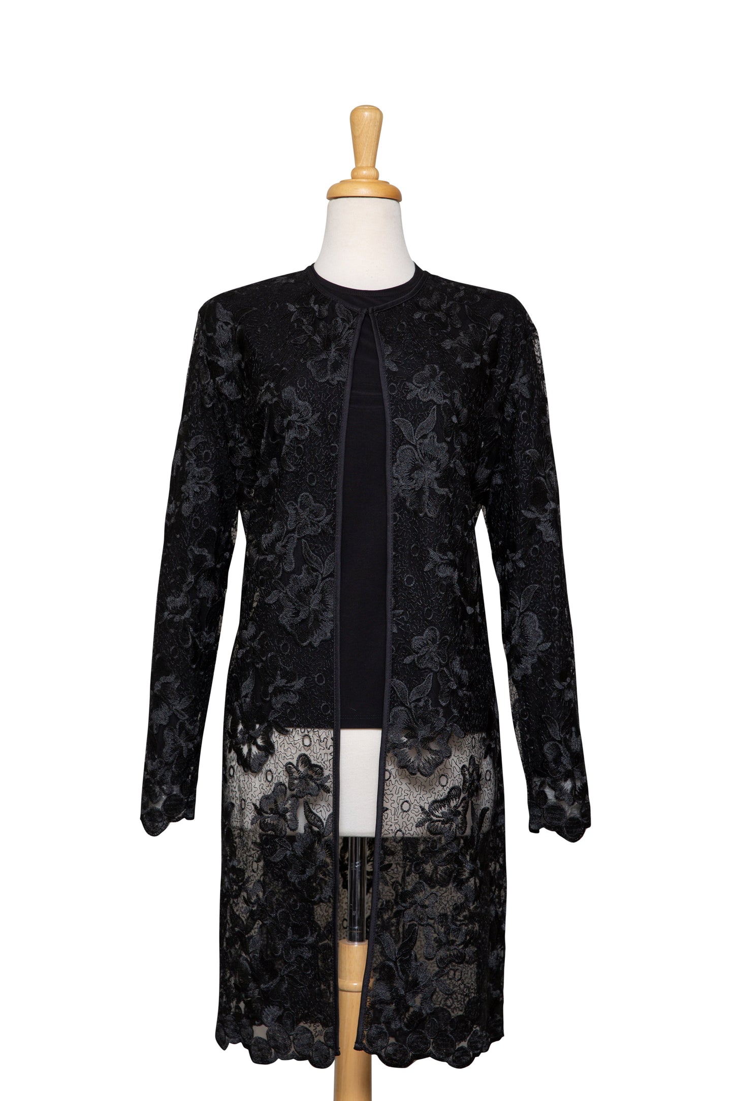 Plus Size Two Piece Thin Black Embroidered Floral 3/4 Length Lace Jacket With Black Long Sleeve Top