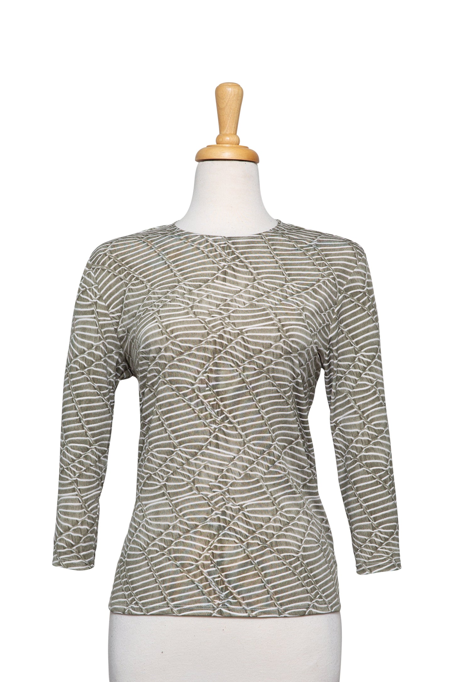 Plus Size Light Olive Abstract Zig Zag Textured Microfiber 3/4 Sleeve Top