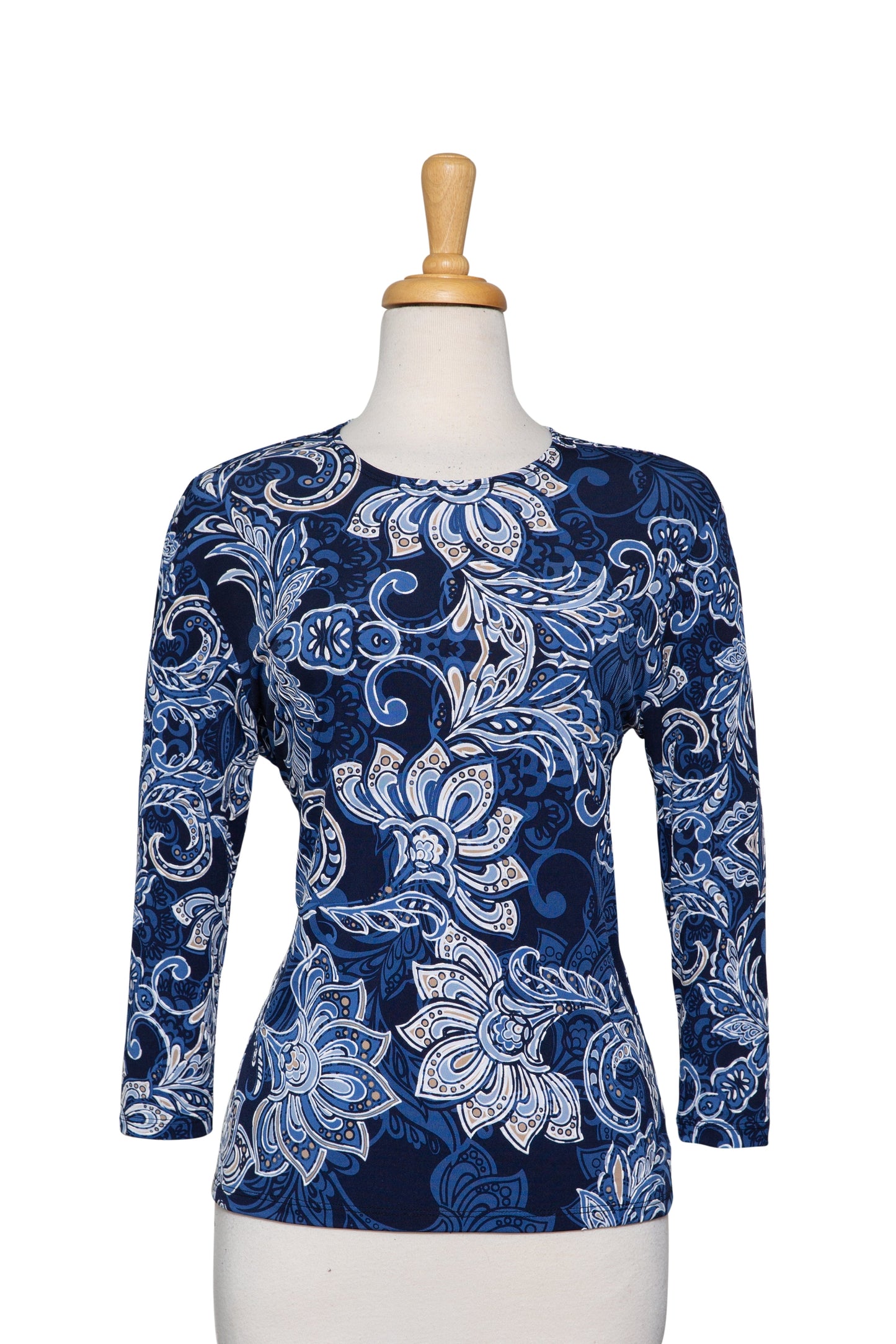 Plus Size Shades of Blue and White Wildflowers Textured Print Microfiber 3/4 Sleeve Top