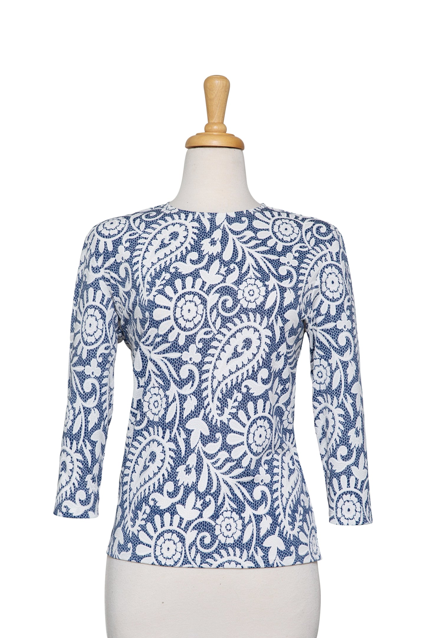Plus Size Blue and White Paisley Lace Textured Print Microfiber 3/4 Sleeve Top