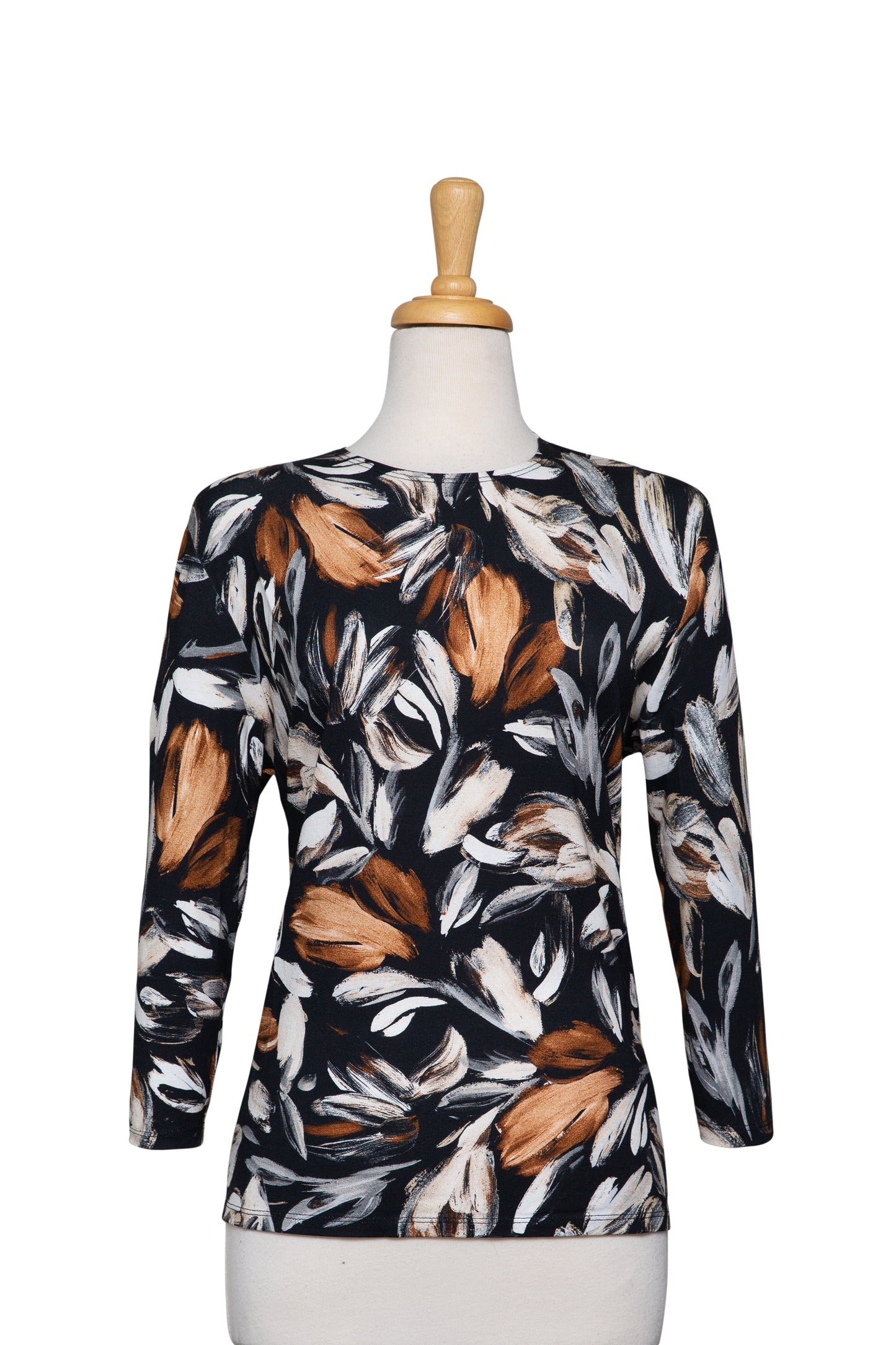 Plus Size Brown, Grey and Black Floral Cotton 3/4 Sleeve Top