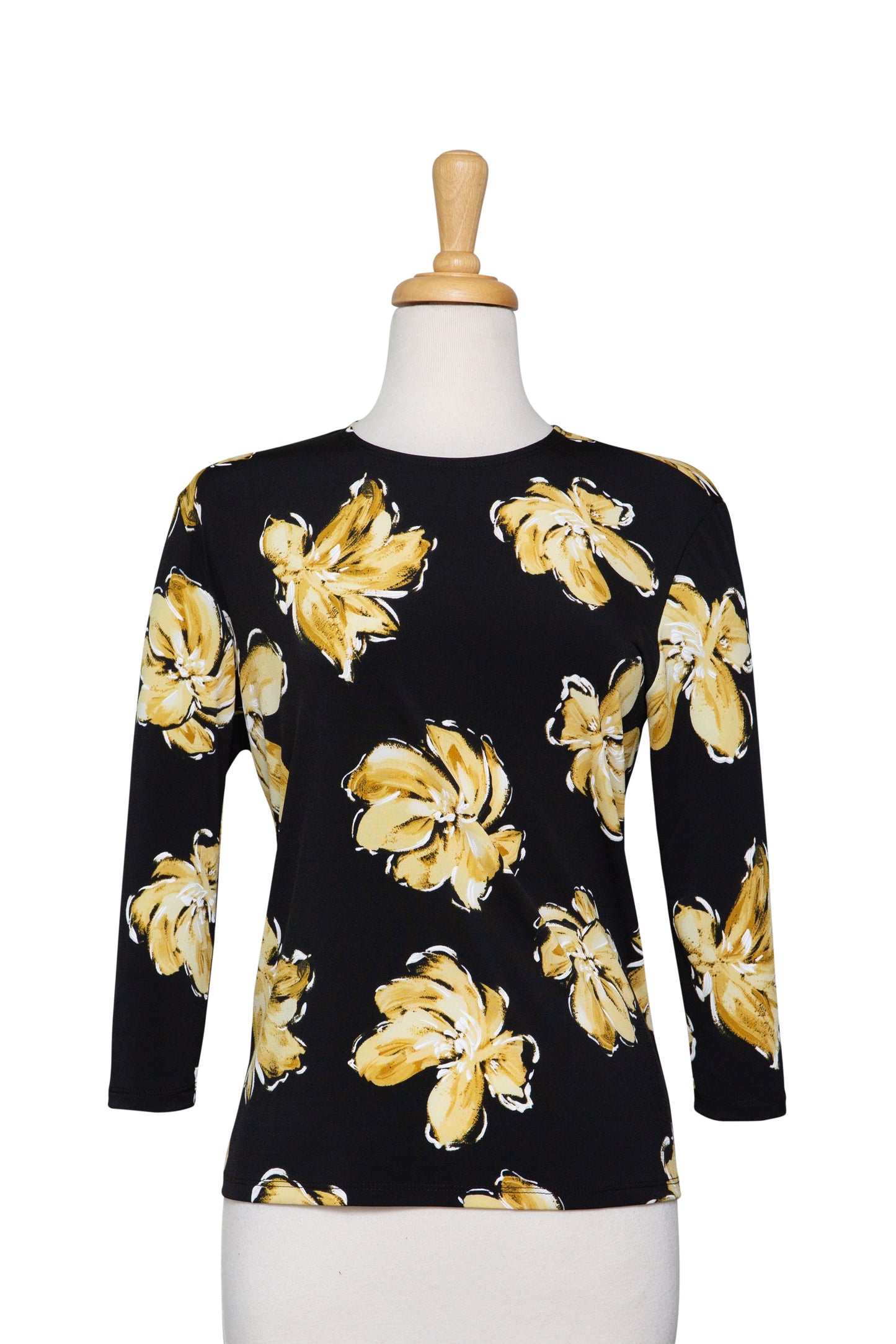 Black, Yellow and White Floral Textured Print Microfiber 3/4 Sleeve Top