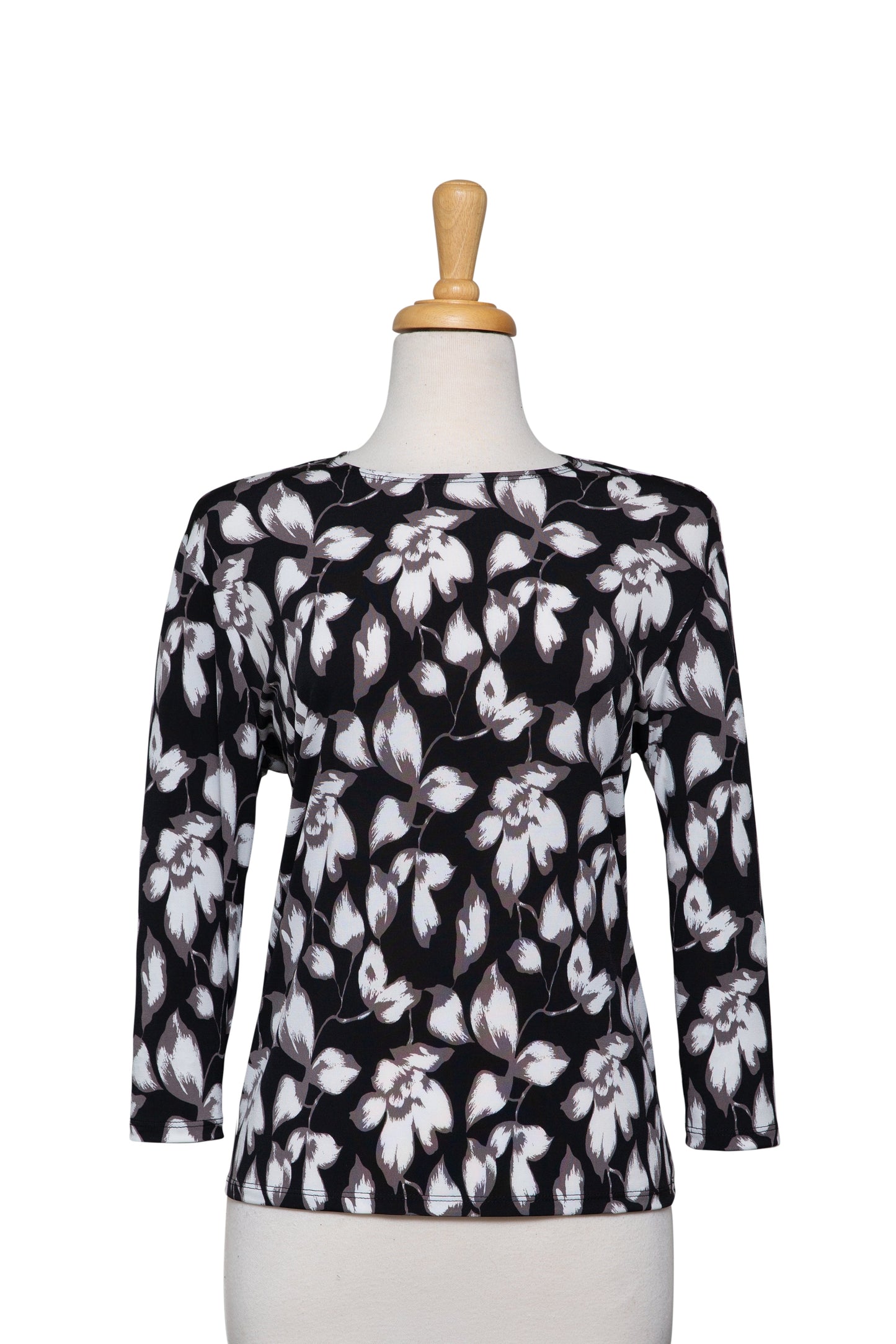 Plus Size Black, White and Grey Floral Microfiber 3/4 Sleeve Top