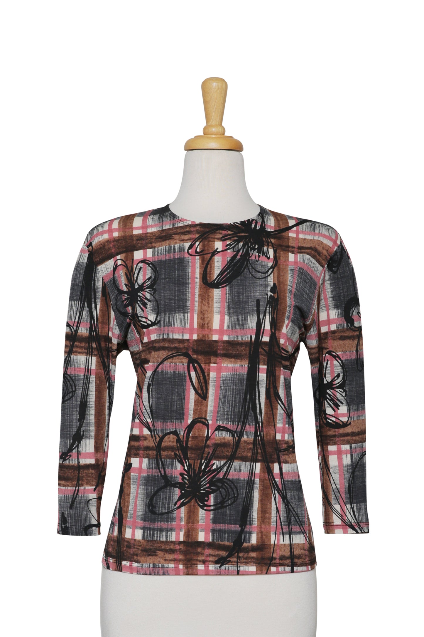 Plus Size Black, Brown, Coral Plaid and Floral Abstract Microfiber 3/4 Sleeve Top