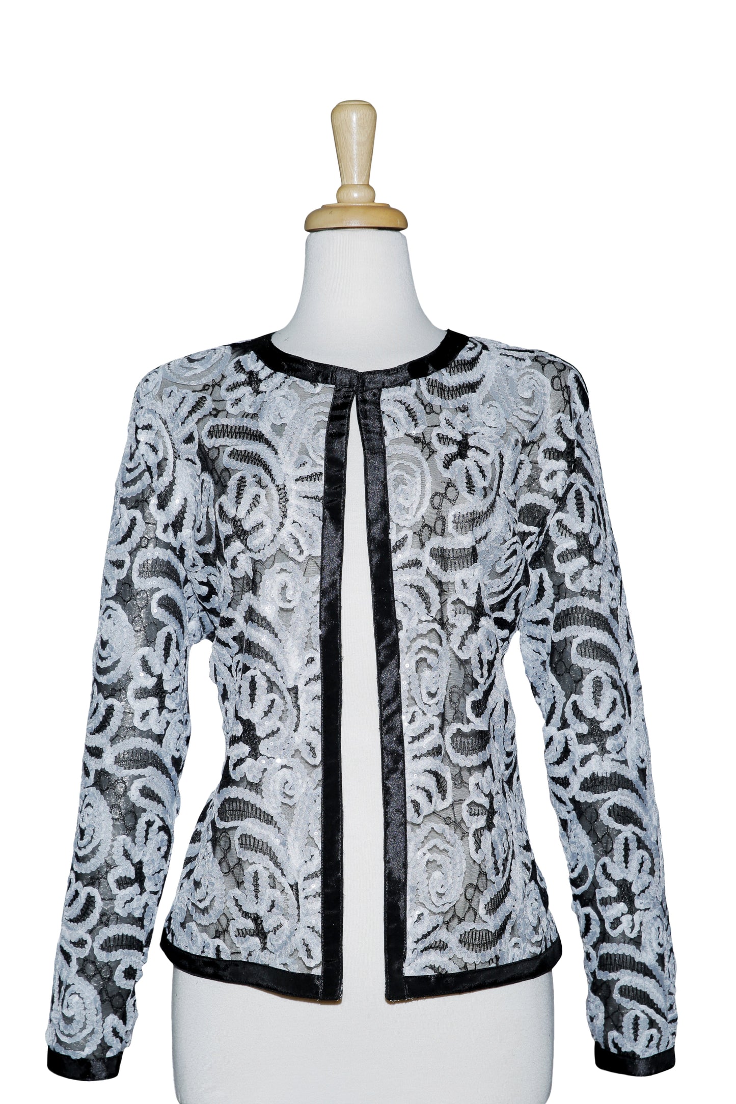 Plus Size Black And White Sutache With Clear Sequins Lace Jacket