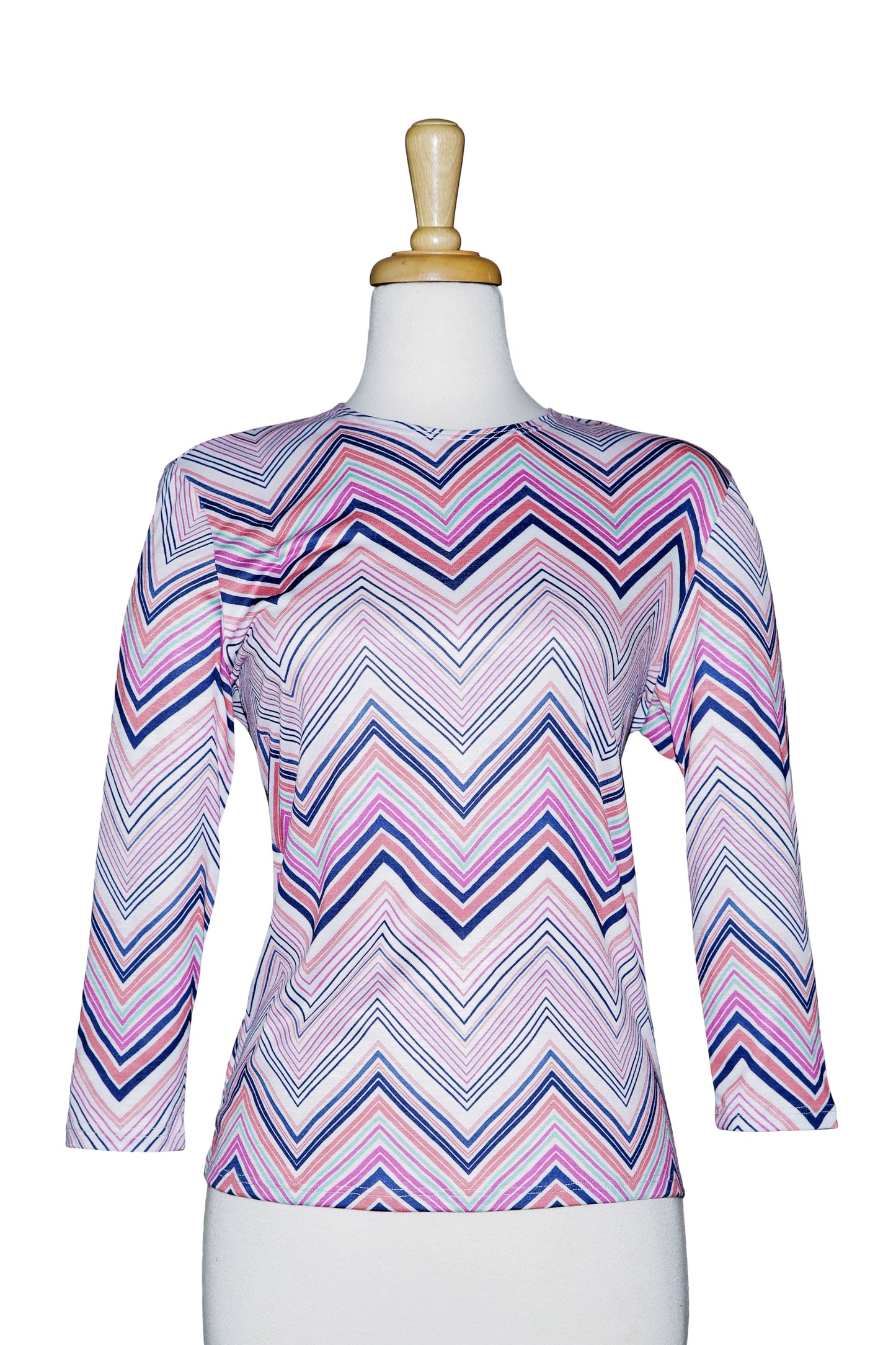 Shades Of Pink, And Blue Zig Zag 3/4 Sleeve Cotton Top