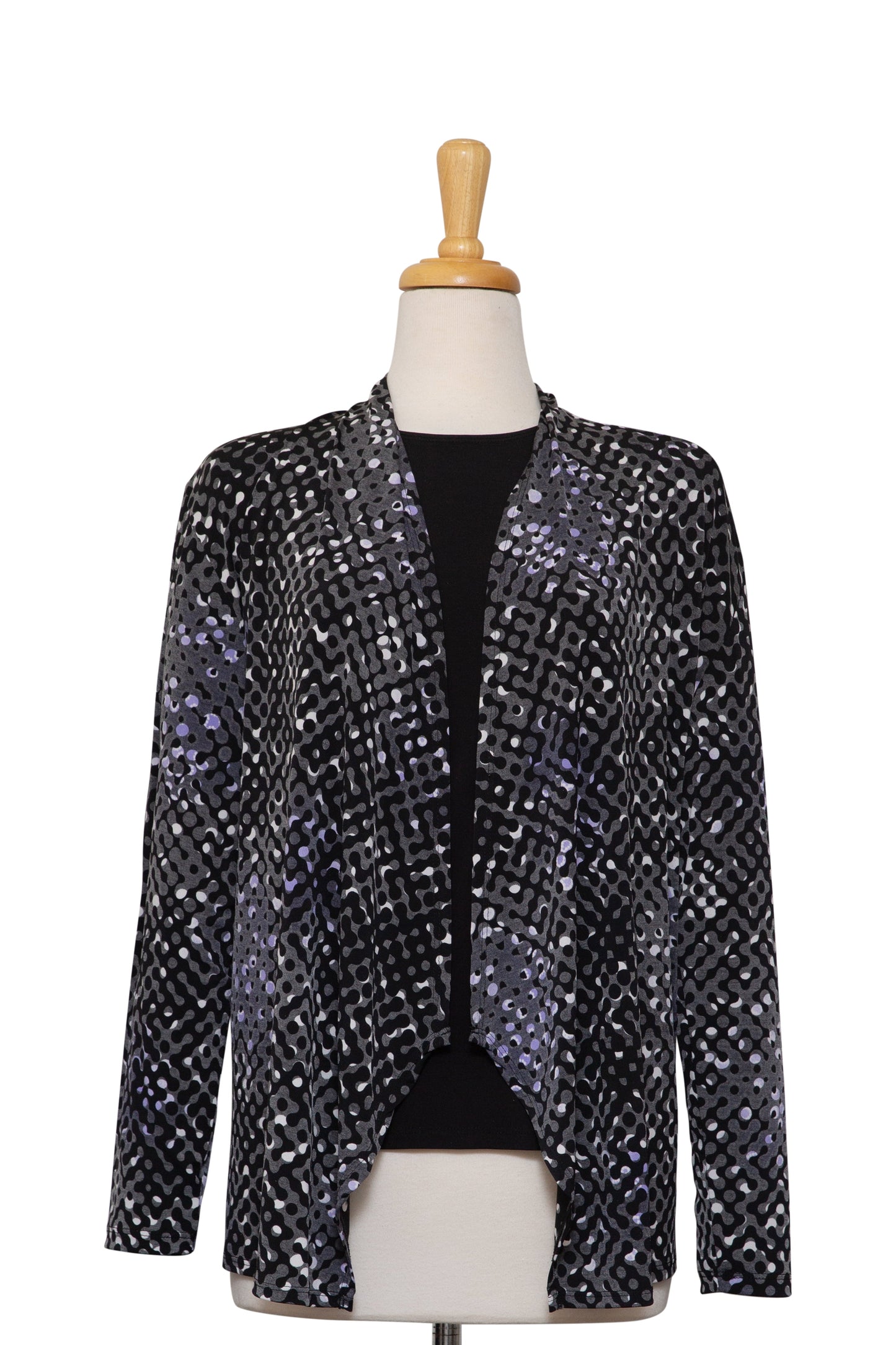 Plus Size Two Piece Black and Grey Dotted With A Splash Of Light Purple Microfiber Shawl Collar Set