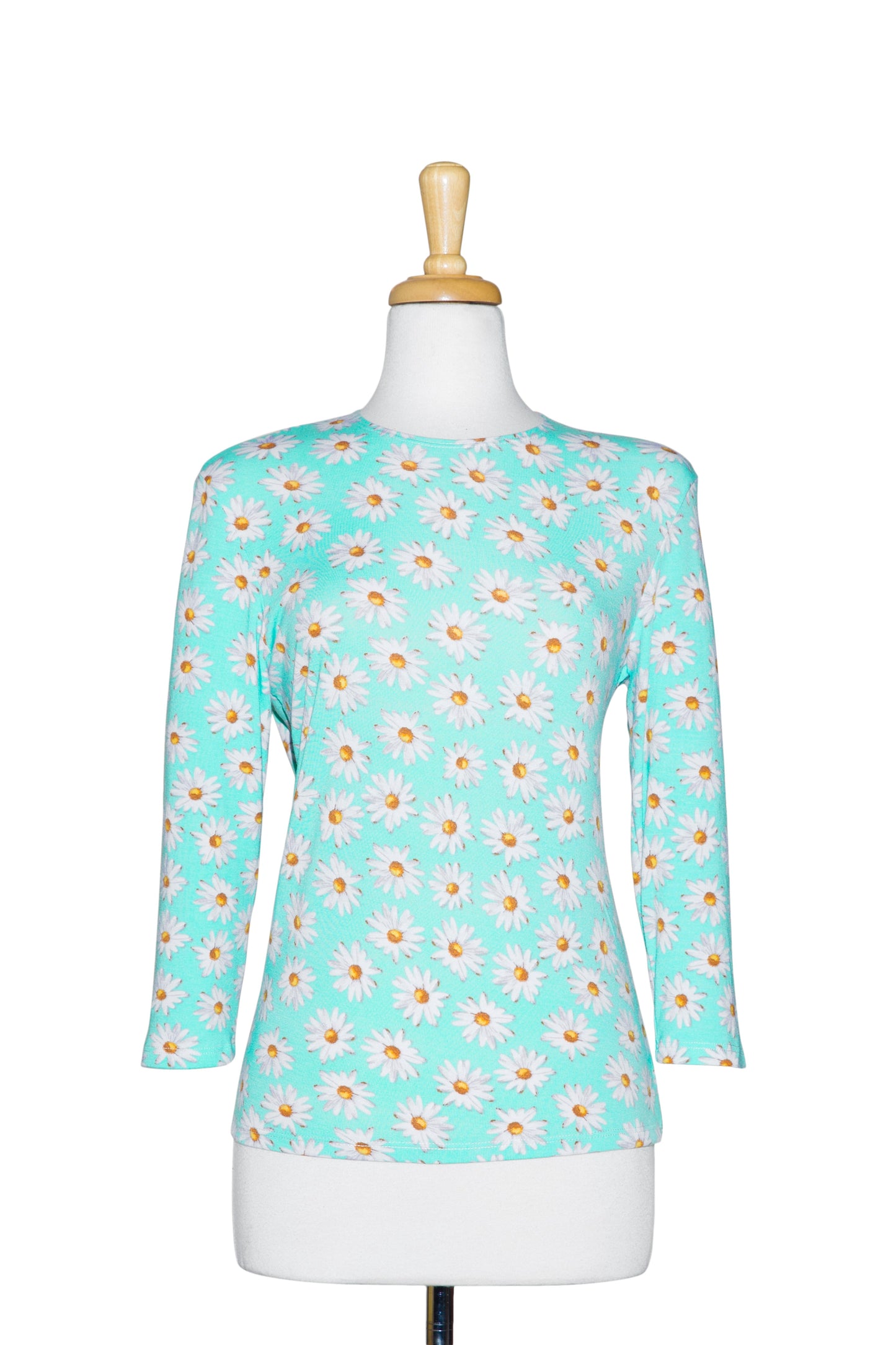 Seafoam and White Daisies 3/4 Sleeve Cotton Top