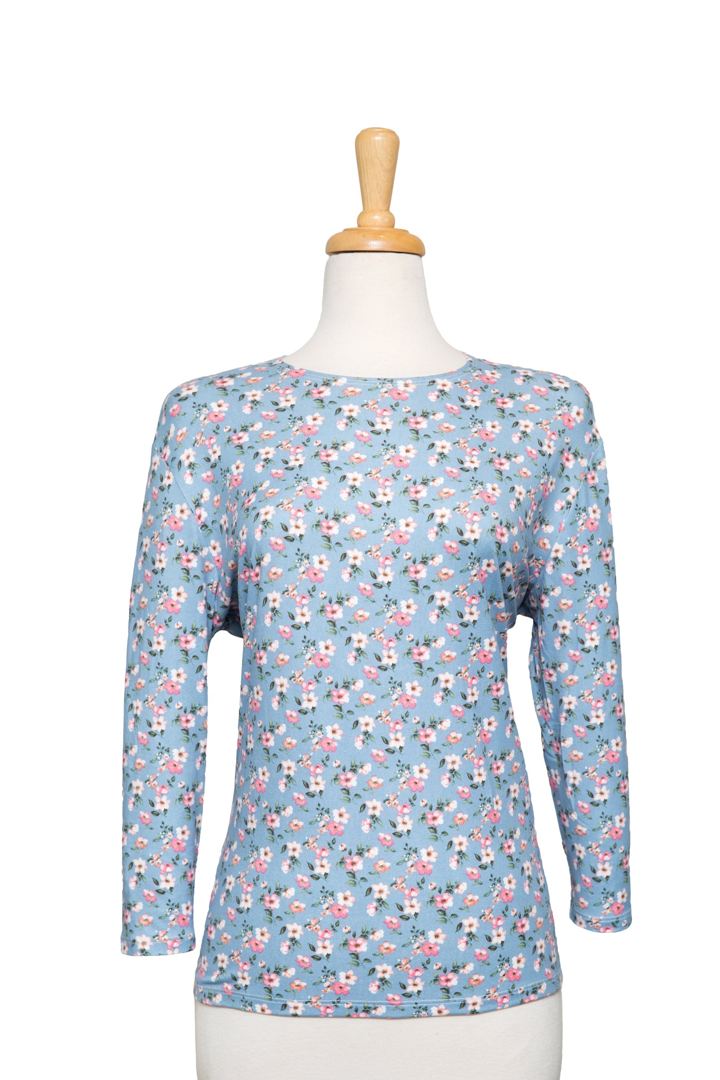 Plus Size Smoked Blue and Pink Mini Floral Cotton 3/4 Sleeve Top