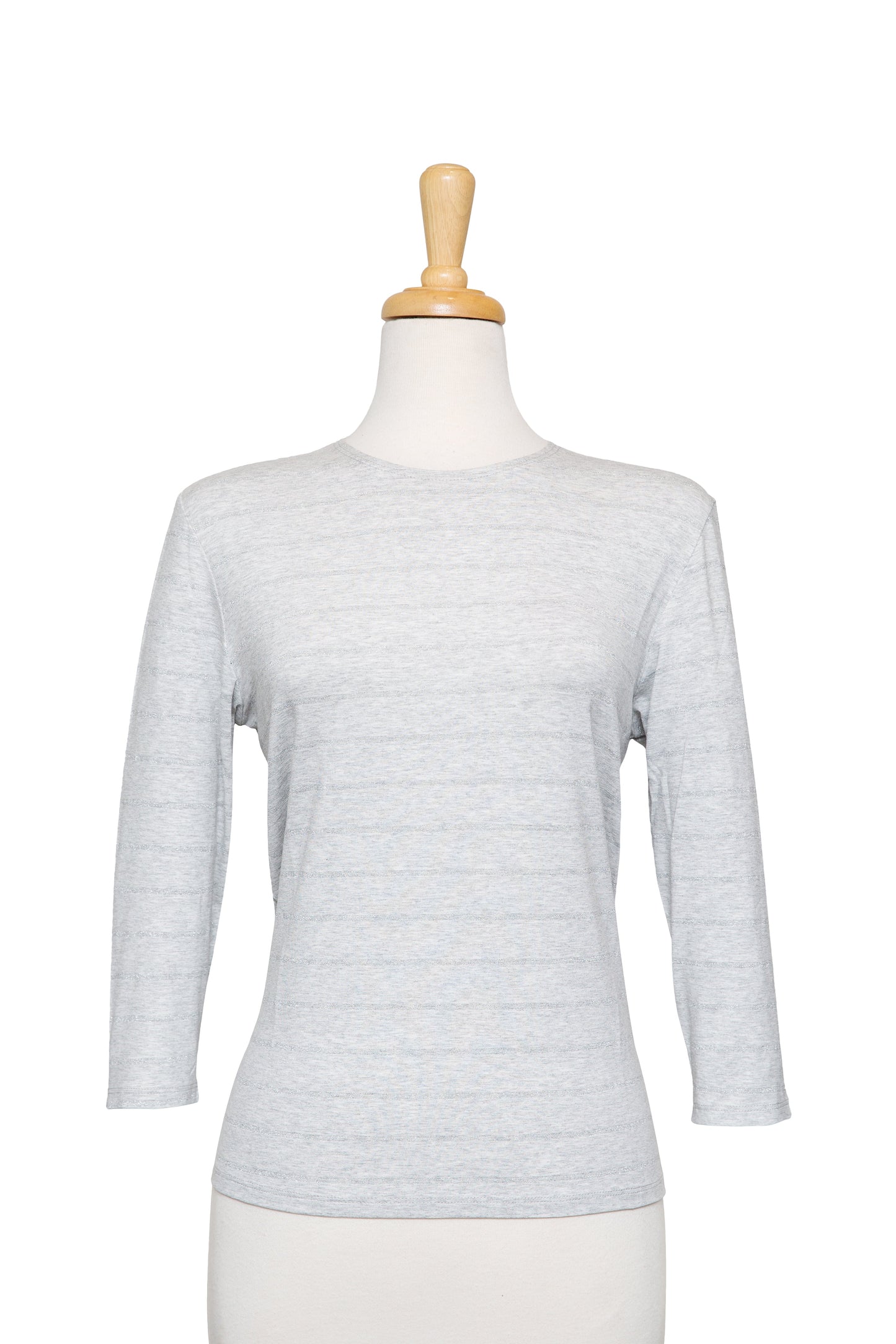 Heather Grey and Silver Metallic Stripes Cotton 3/4 Sleeve Top