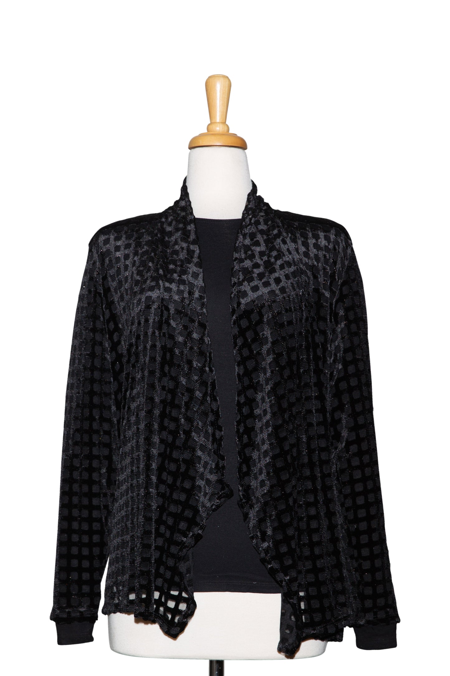 Two Piece Black Cut Velvet Squares Shawl Collar Jacket With Black Long Sleeve Microfiber Top