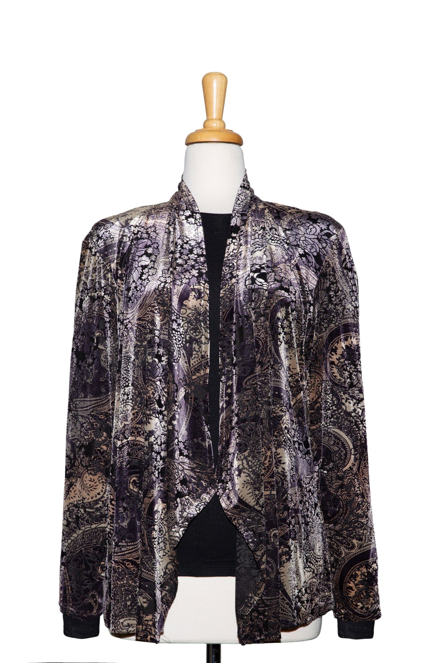 Two Piece Black and Gold Floral Paisley Burnout Velvet Shawl Collar Jacket With Black Long Sleeve Microfiber Top