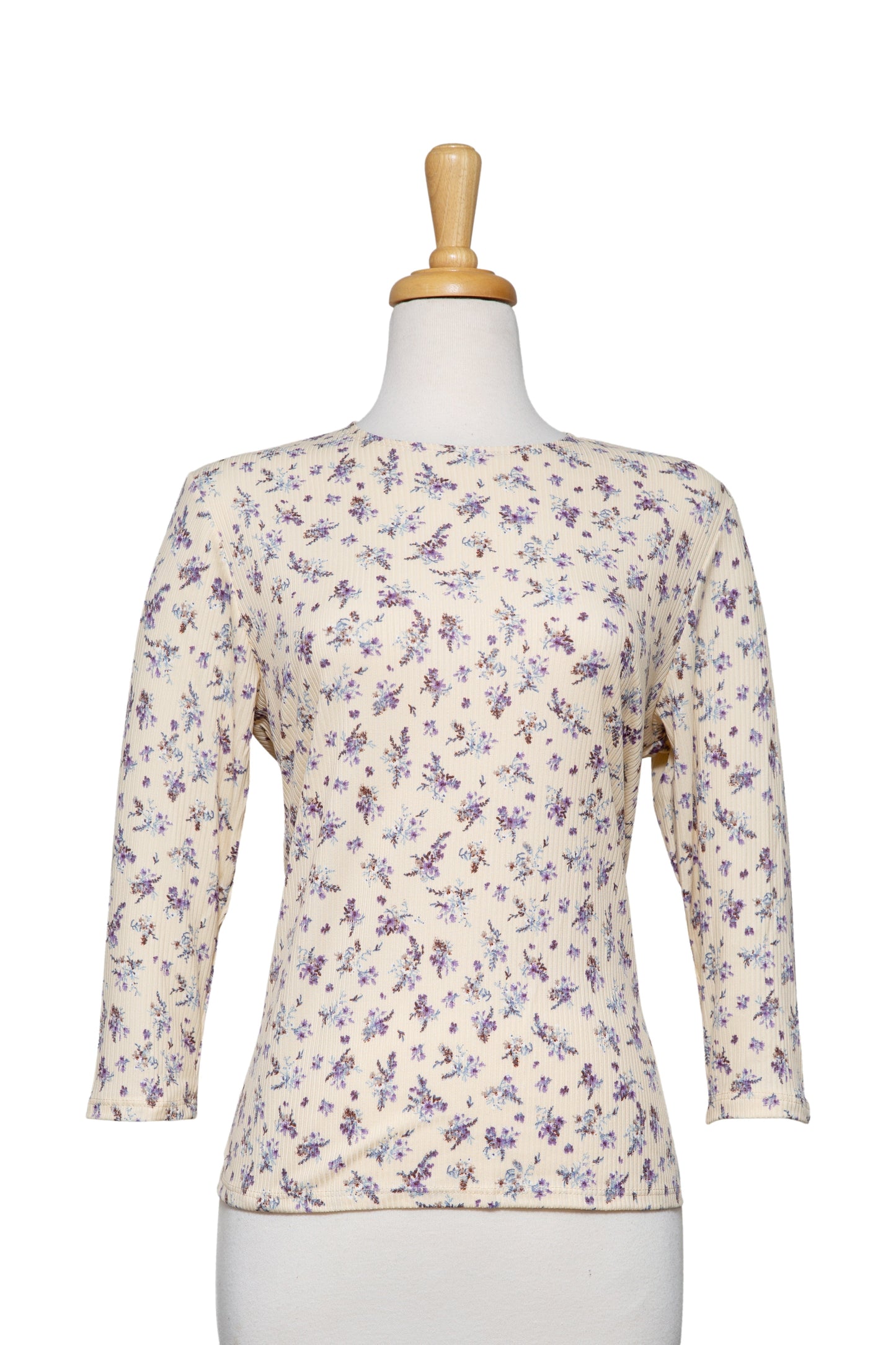 Cream and Purple Ribbed Mini Floral Cotton 3/4 Sleeve Top