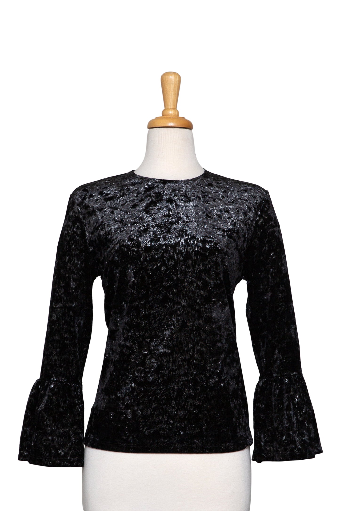 Plus Size Black Velvet With Silver Metallic Bell Sleeve Top