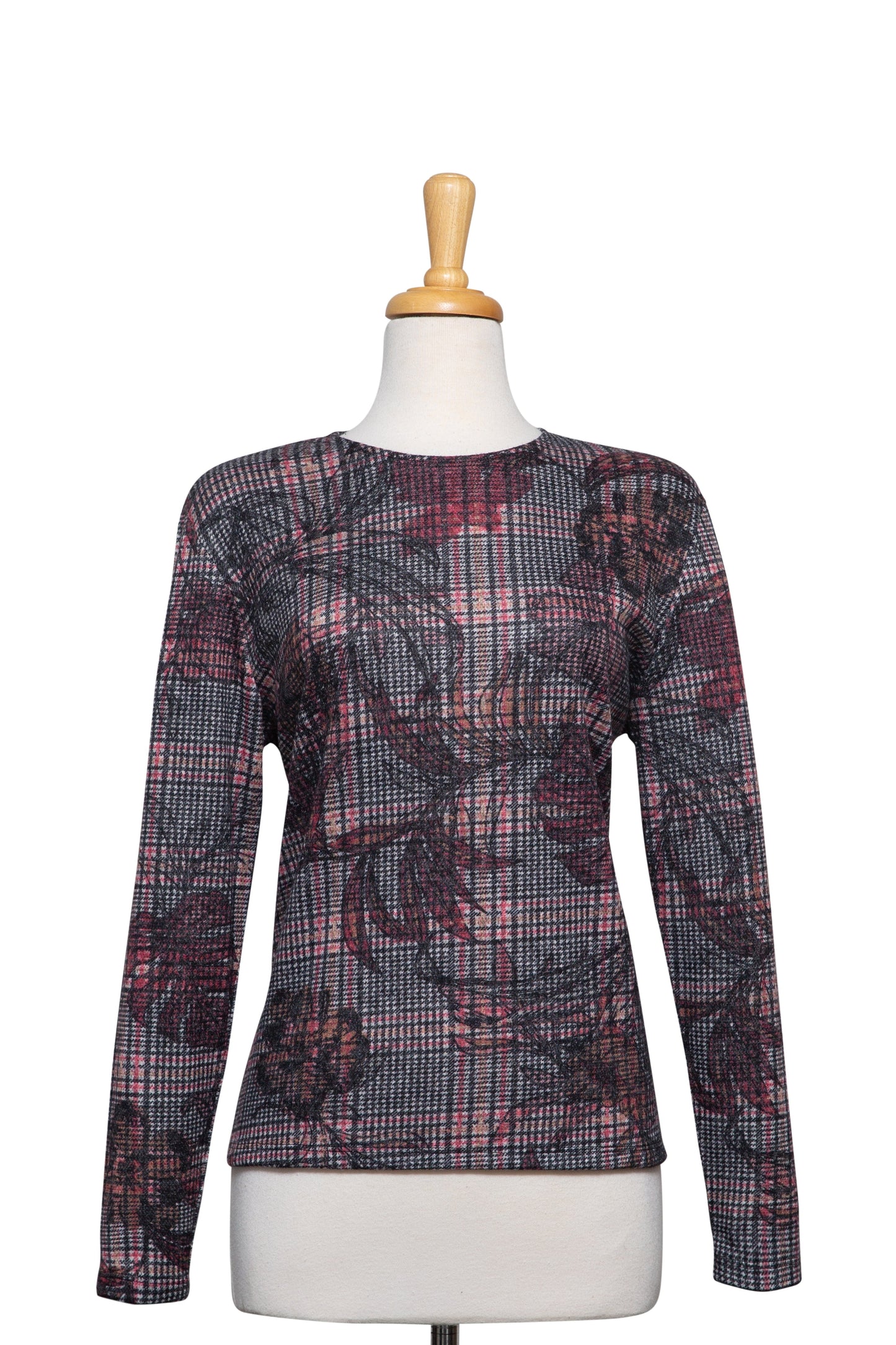 Plus Size Coral and Black Plaid Floral Long Sleeve Knit Top