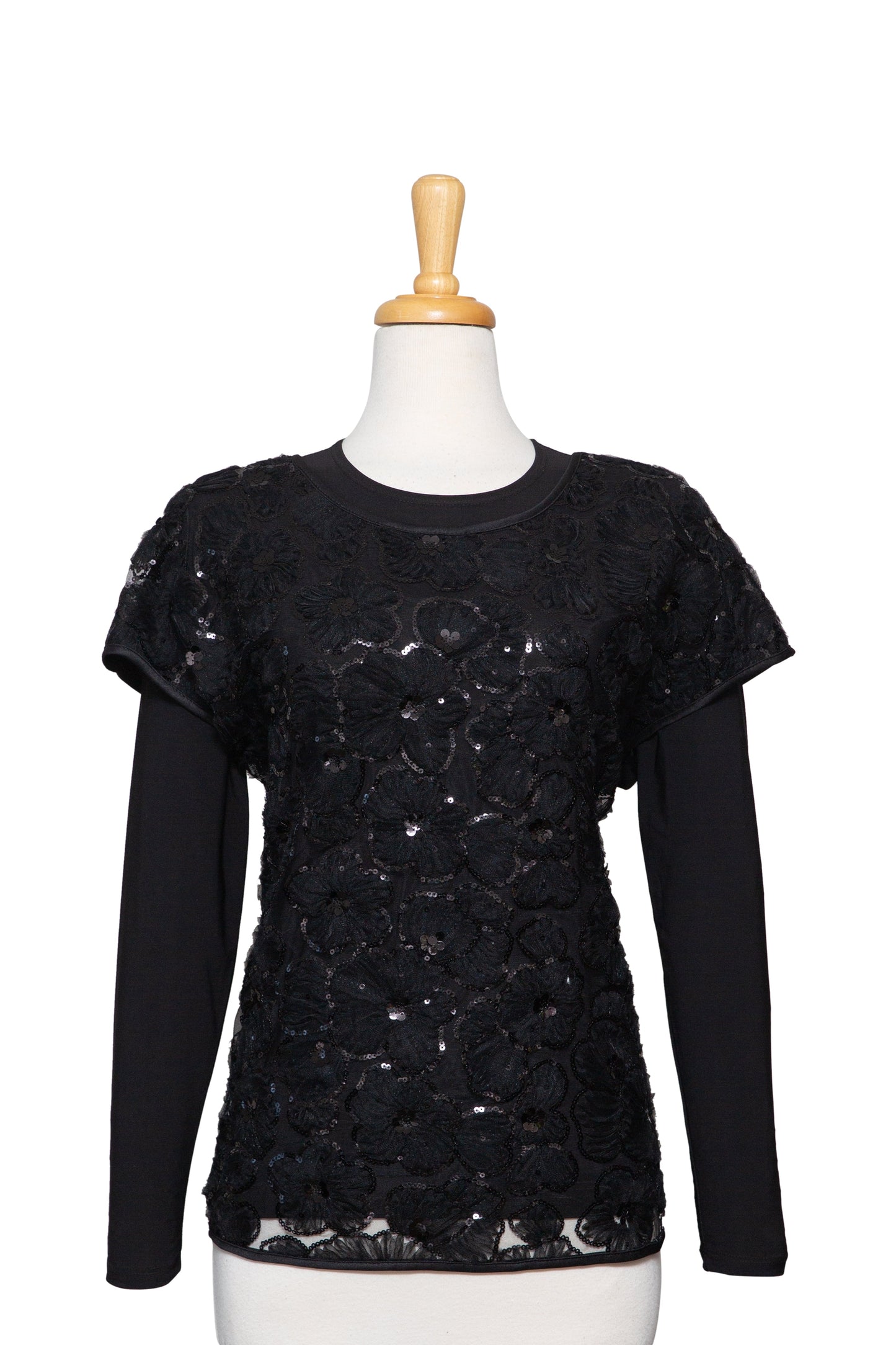 Plus Size Black Organza Floral Sequins Lace Short Sleeve, With Black Long Sleeve Microfiber Top