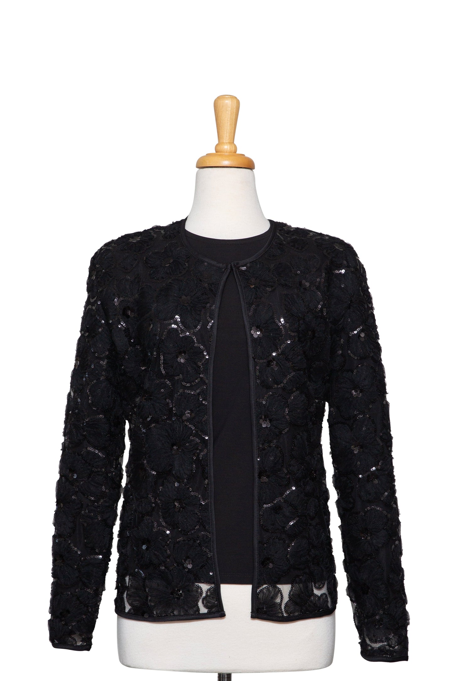 Plus Size Two Piece Black Organza Floral Sequins Lace Jacket With Black Long Sleeve Top
