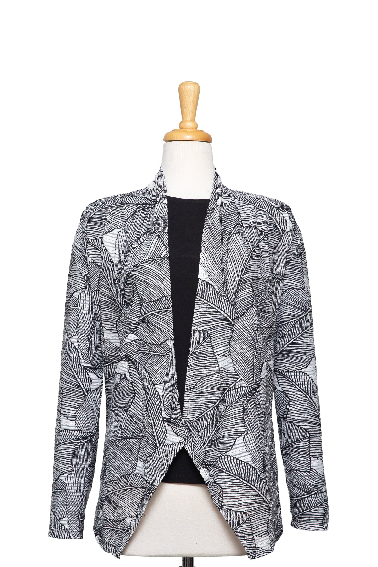 Plus Size Two Piece White and Black Leaves Textured Shawl Collar Jacket With Black Long Sleeve Microfiber Top