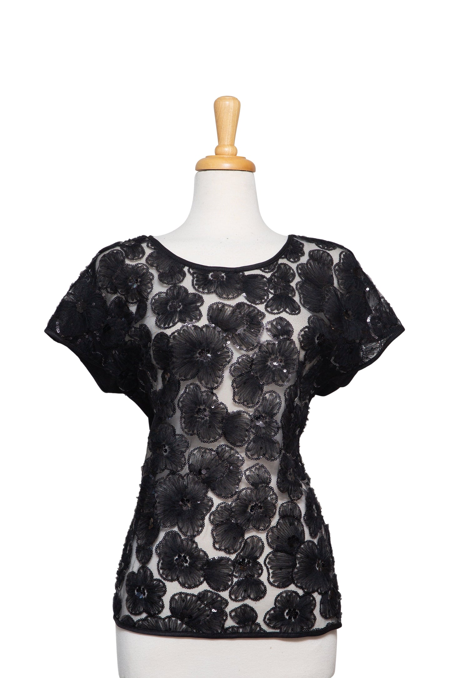 Black Organza Floral Sequins Lace Short Sleeve Top