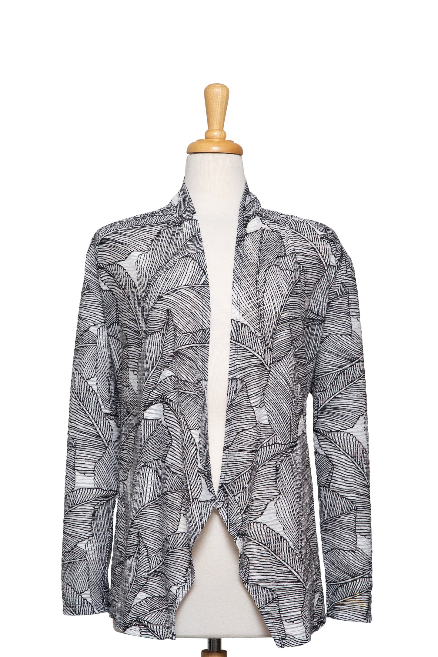 Plus Size White and Black Leaves Textured Shawl Collar Jacket