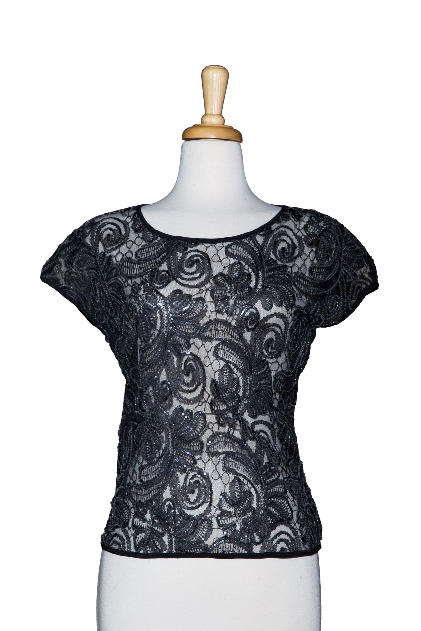 Black Paisley Clear Sequins Lace Lace Short Sleeve Top