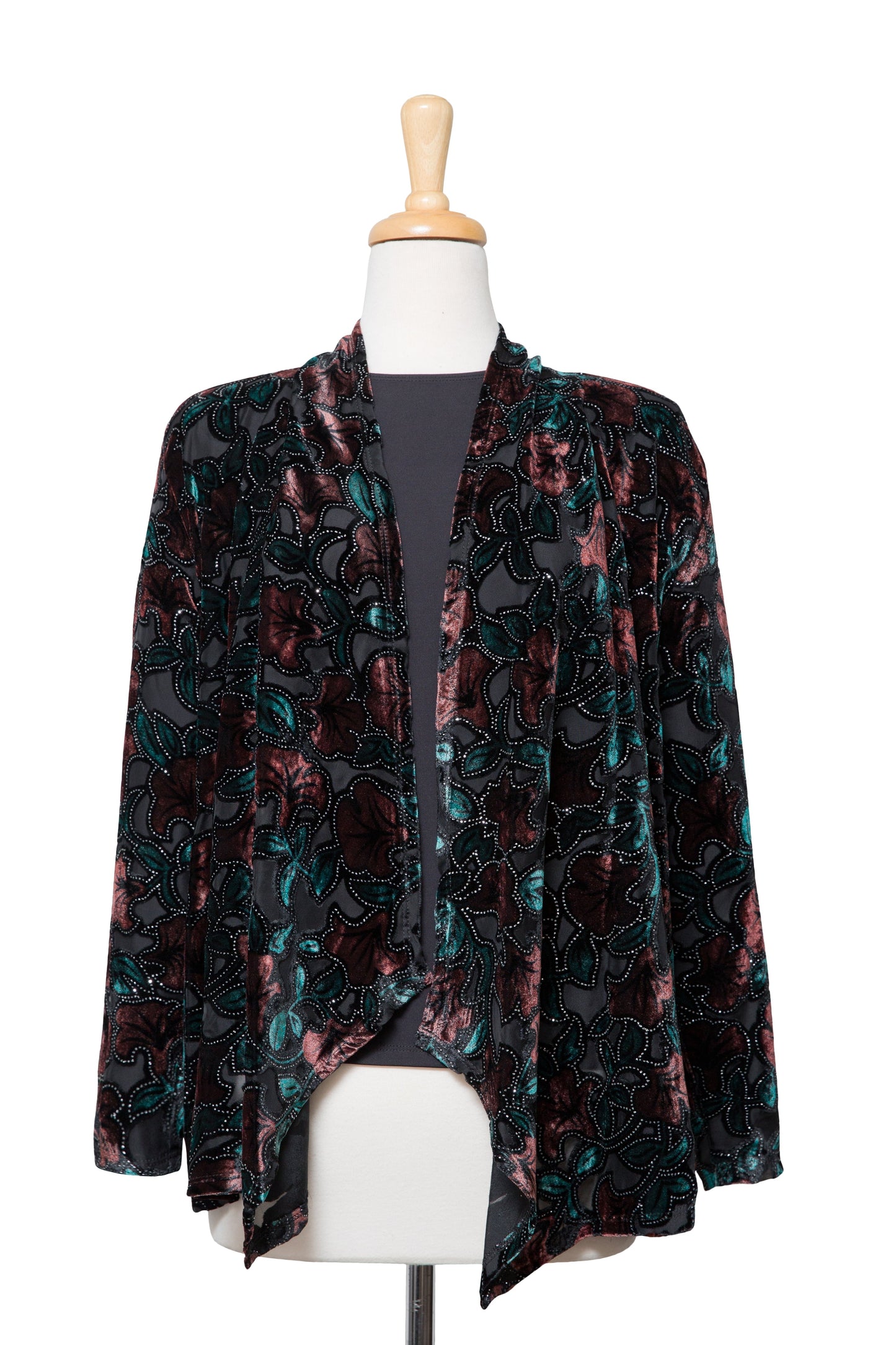 Two Piece Rust and Teal Floral Cut Velvet With Silver Metallic Shawl Collar Jacket With Black Long Sleeve Microfiber Top