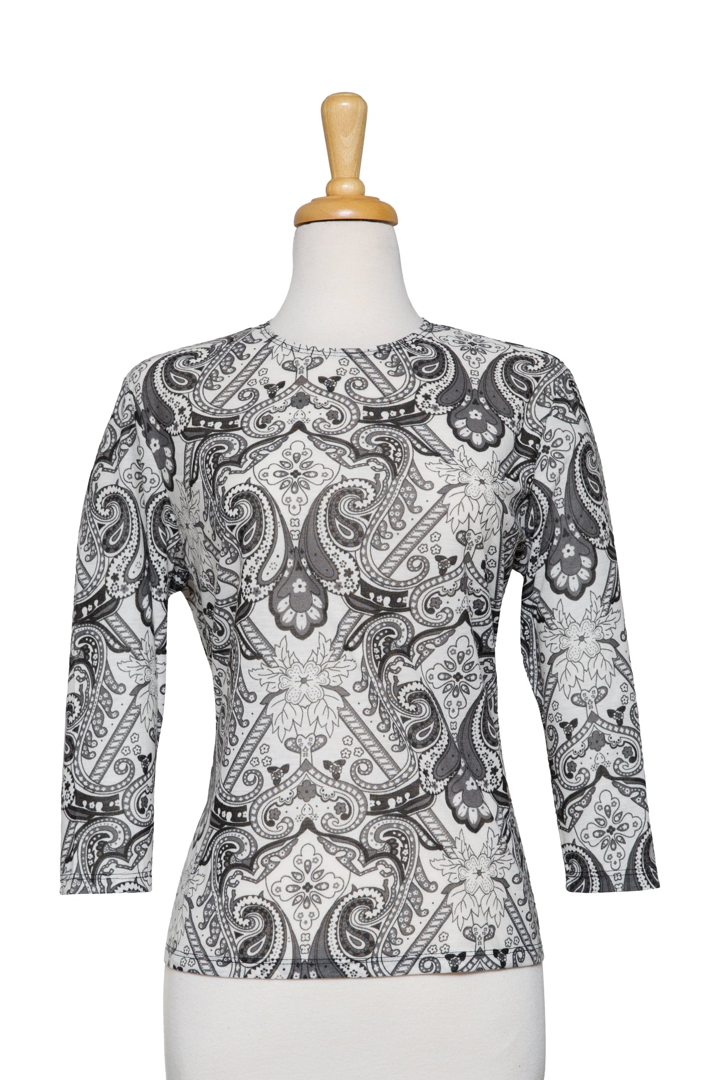 Plus Size Grey and Ivory Paisley Cotton 3/4 Sleeve Top