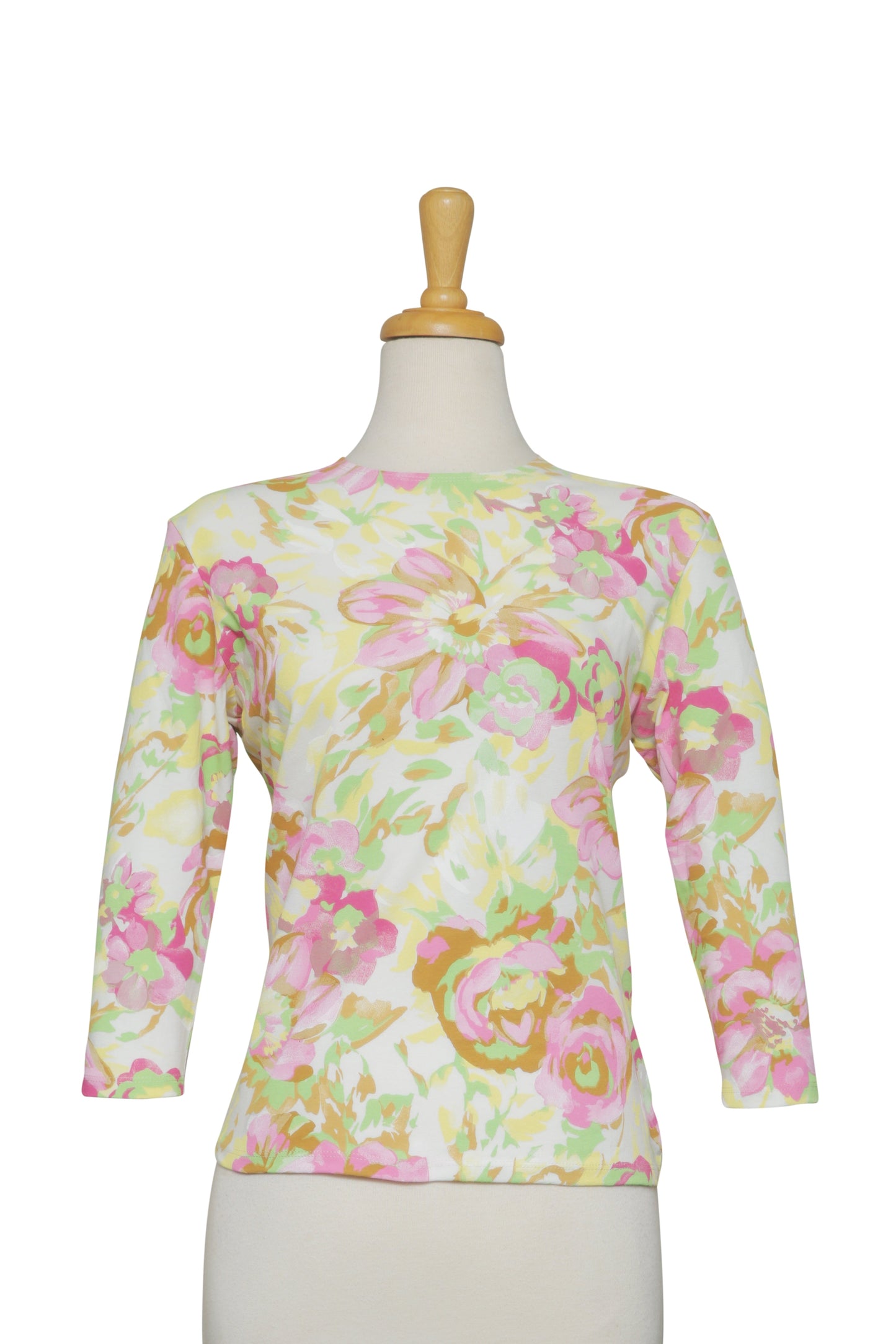 Butter, Pink and Green Pastel Floral Cotton 3/4 Sleeve Top