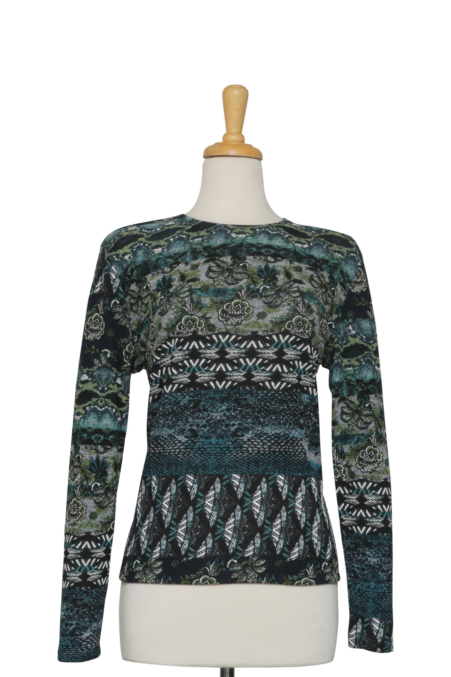 Plus Size Black, Teal, and Olive Art Deco Textured Long Sleeve Knit Top