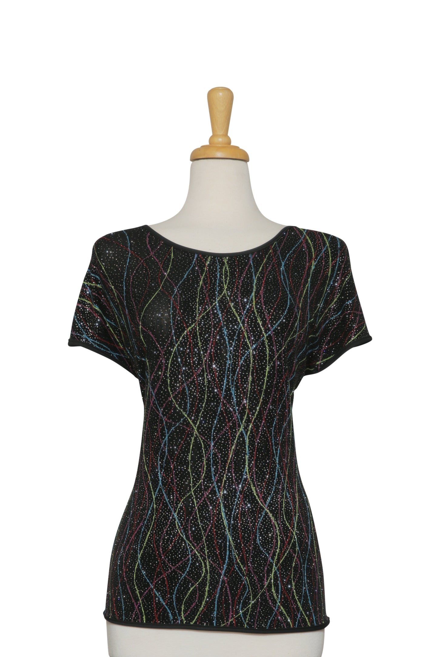 Black and Multi Color Kaleidoscope Metallic Short Sleeve Top With Solid Black Back