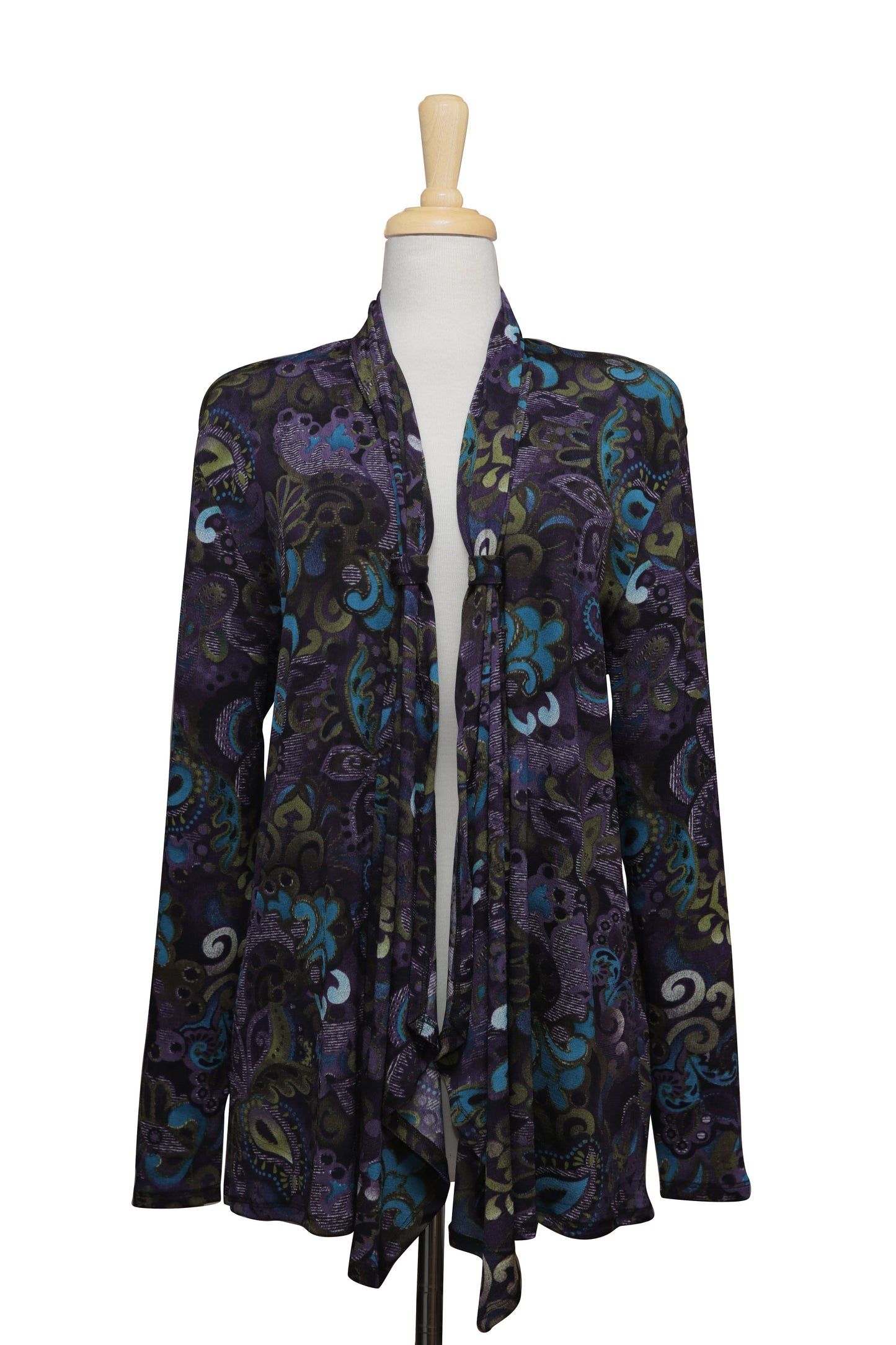 Plus Size Shades of Purple And Blue Paisley Slinky Shawl Collar Jacket