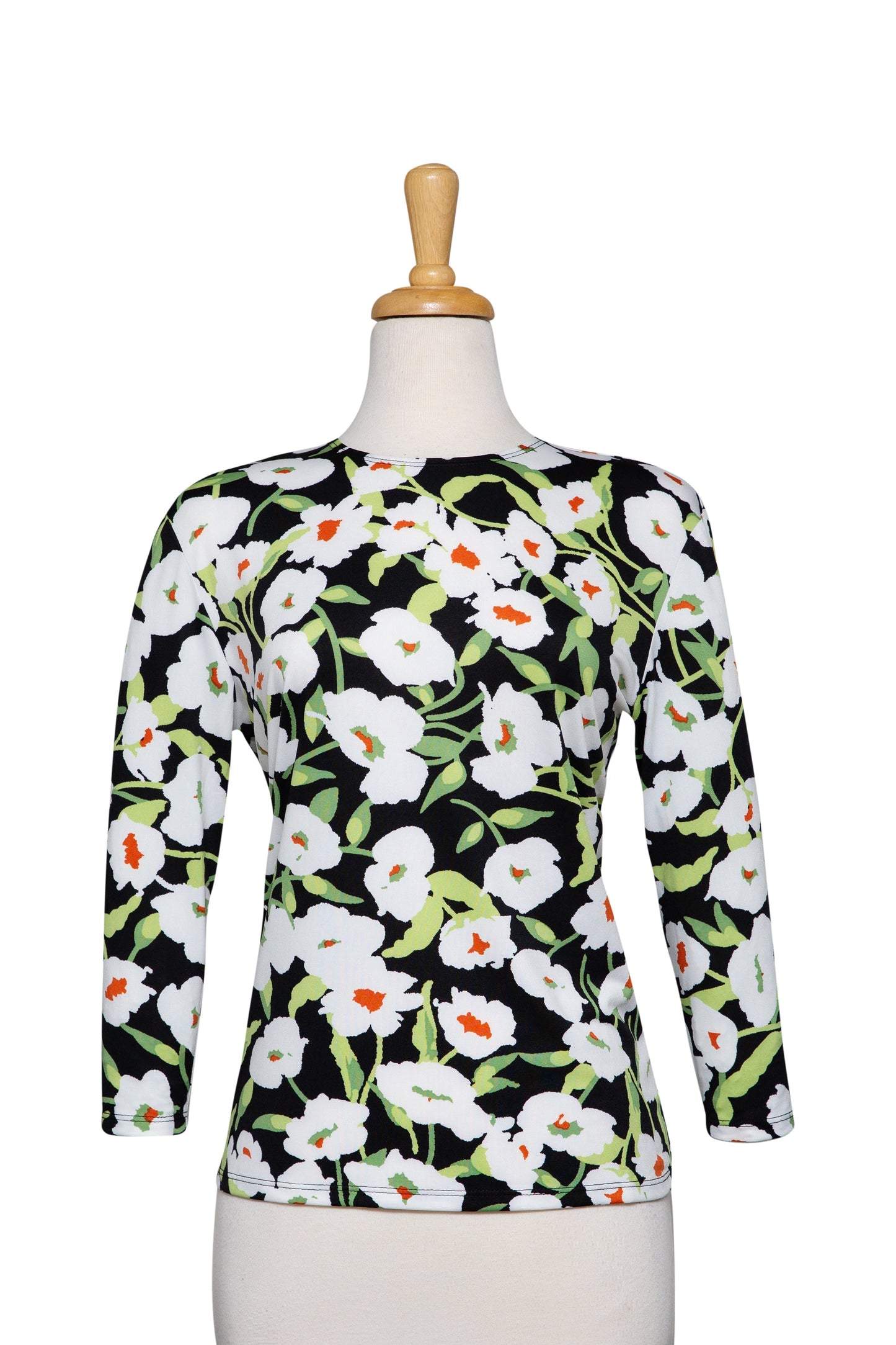 Plus Size Black, White and Lime Floral Microfiber 3/4 Sleeve Top