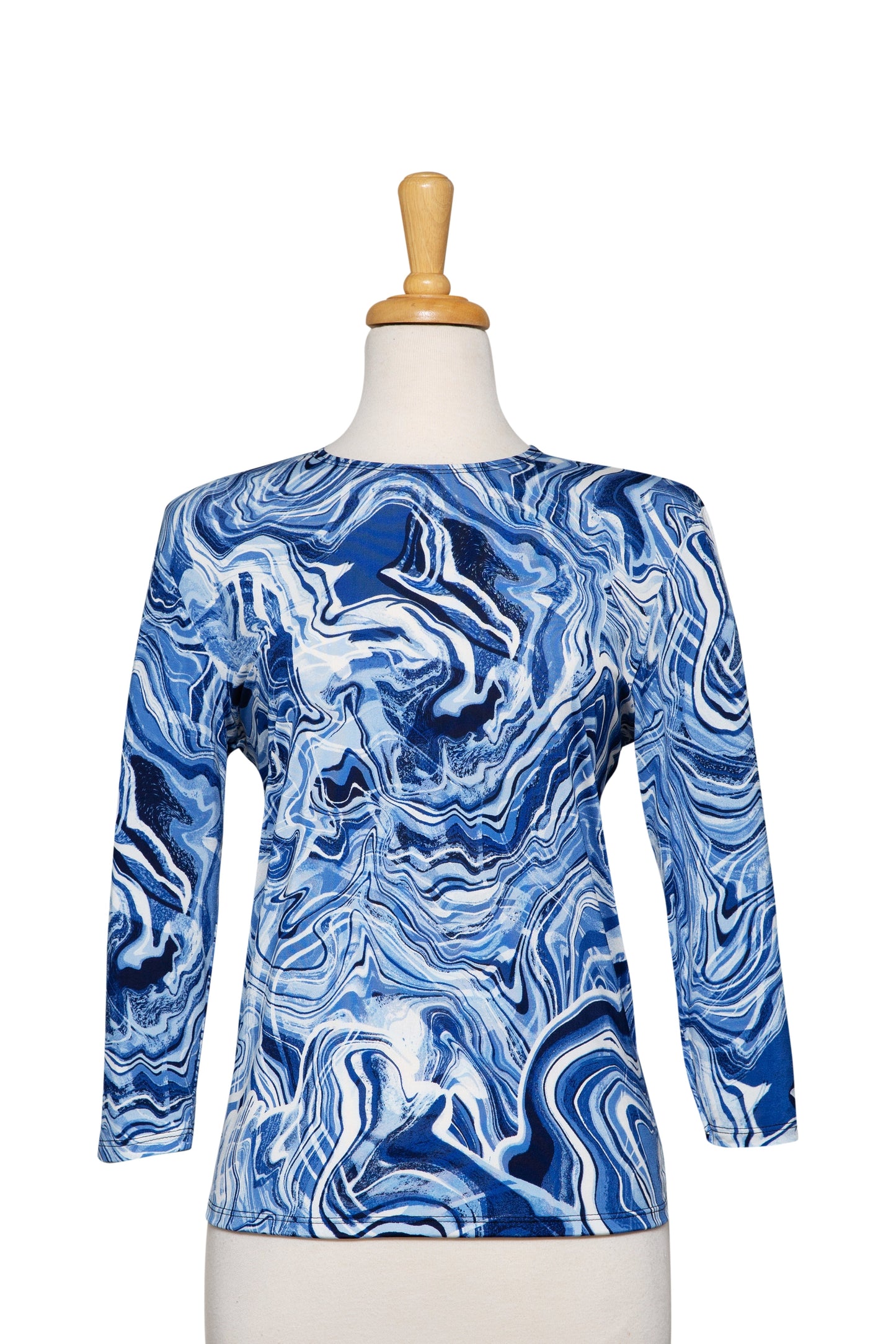 Plus Size Shades of Blue and White Swirl Microfiber 3/4 Sleeve Top