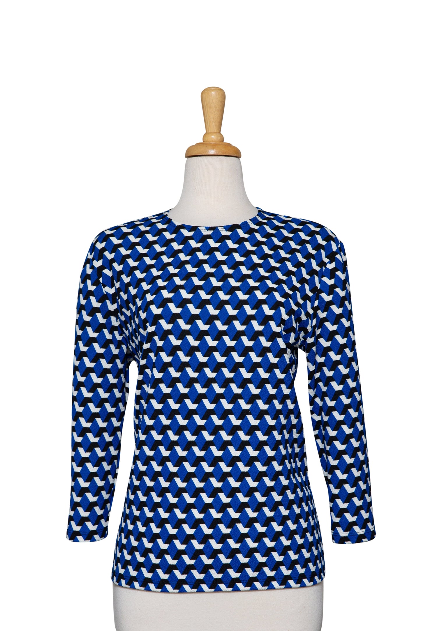Royal Blue, Black and White Geometric Textured 3/4 Sleeve Top