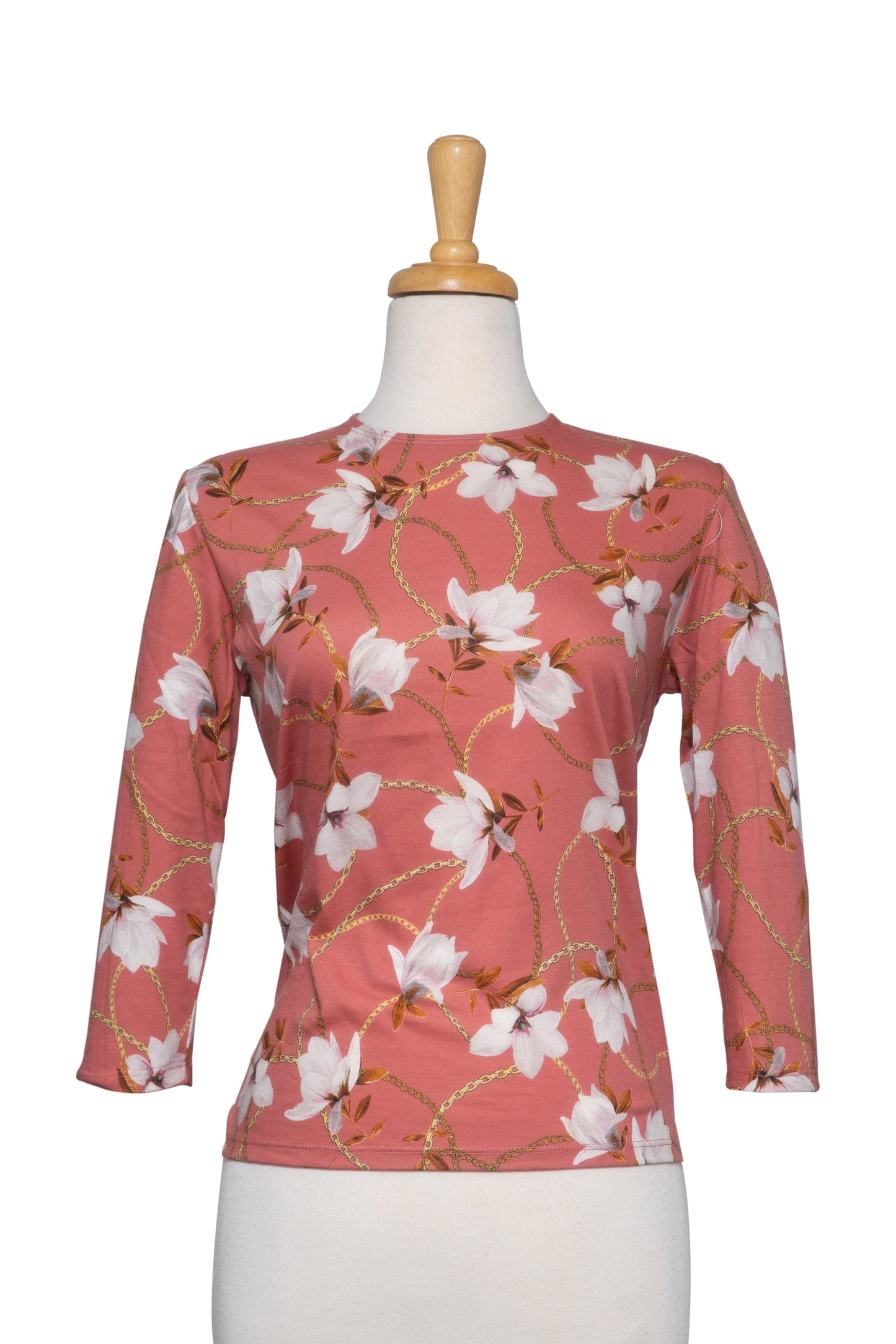 Peach and White Floral Chain 3/4 Sleeve Cotton Top