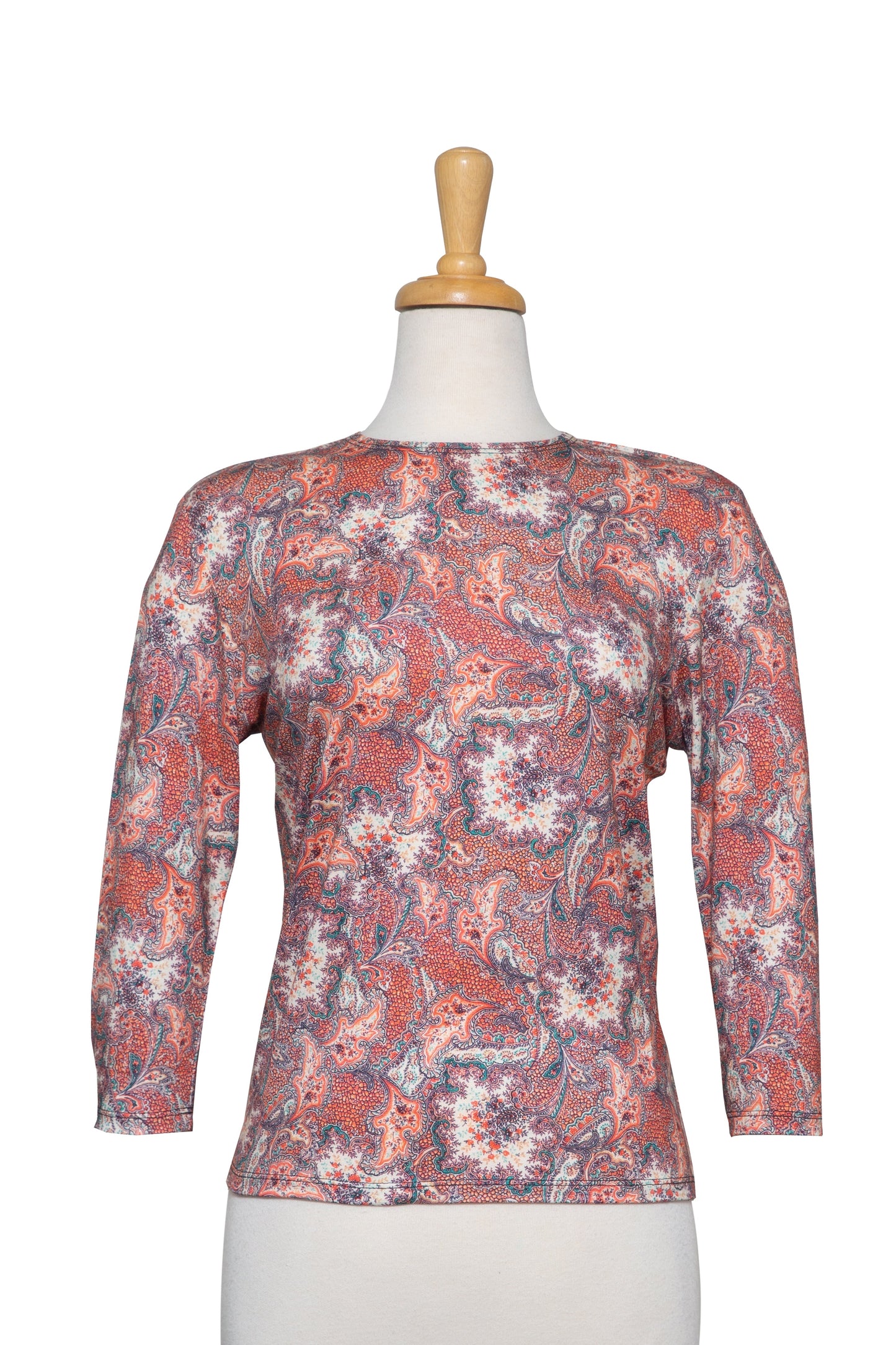Plus Size Shades of Peach and Ivory Paisley Mosaic 3/4 Sleeve Cotton Top