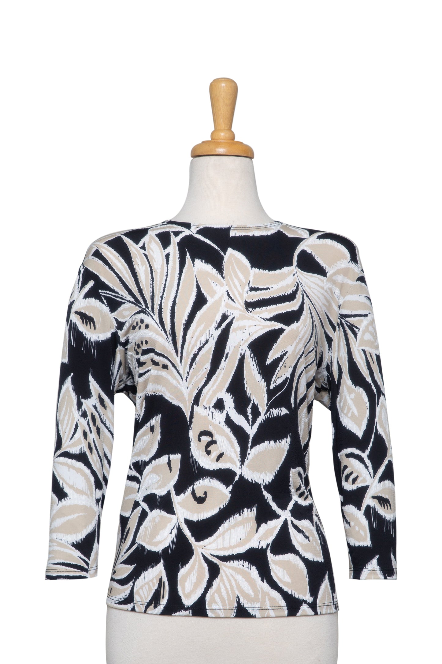 Black, White and Beige Tropical Leaves Textured Print Microfiber 3/4 Sleeve Top