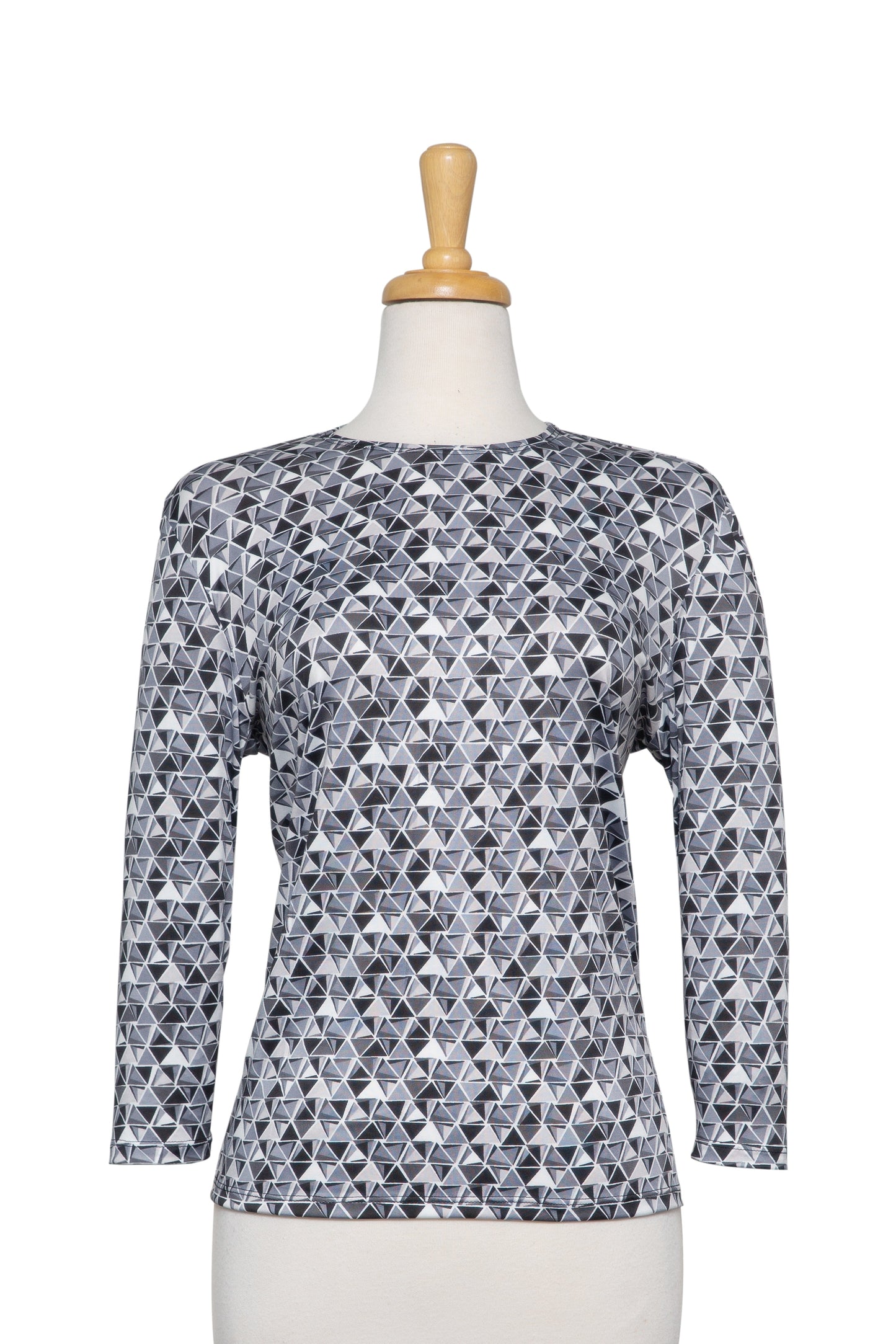 Shades of Grey and White Triangles Display Microfiber 3/4 Sleeve Top