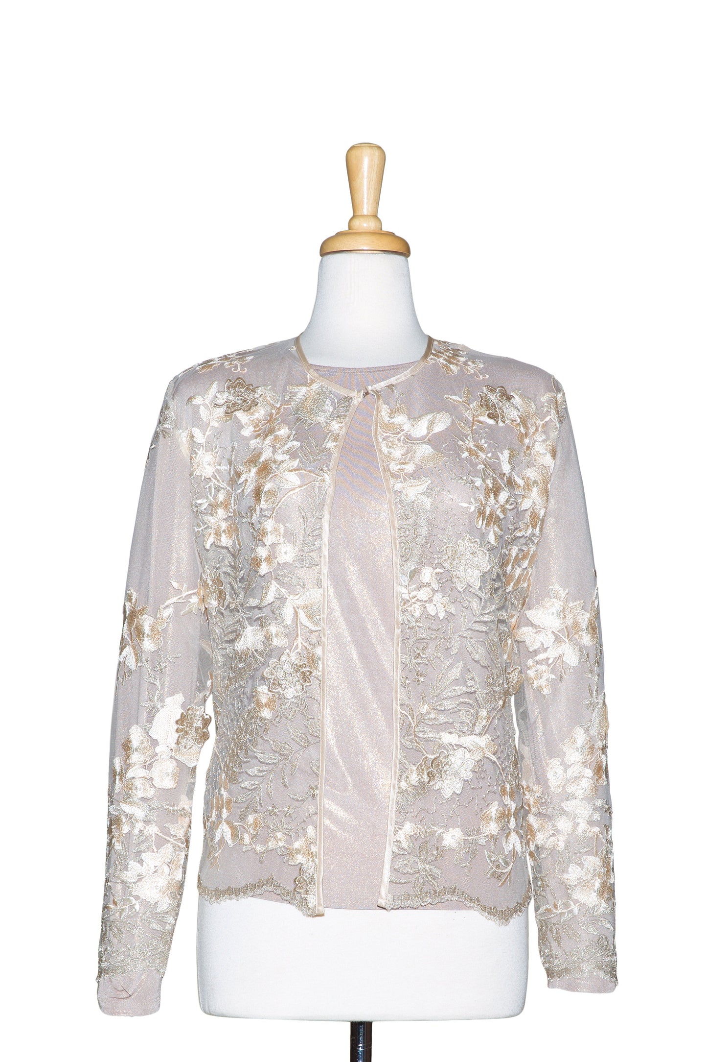 Plus Size Two Piece Gold and Peach Floral Lace with Light Gold Metallic Long Sleeve Top