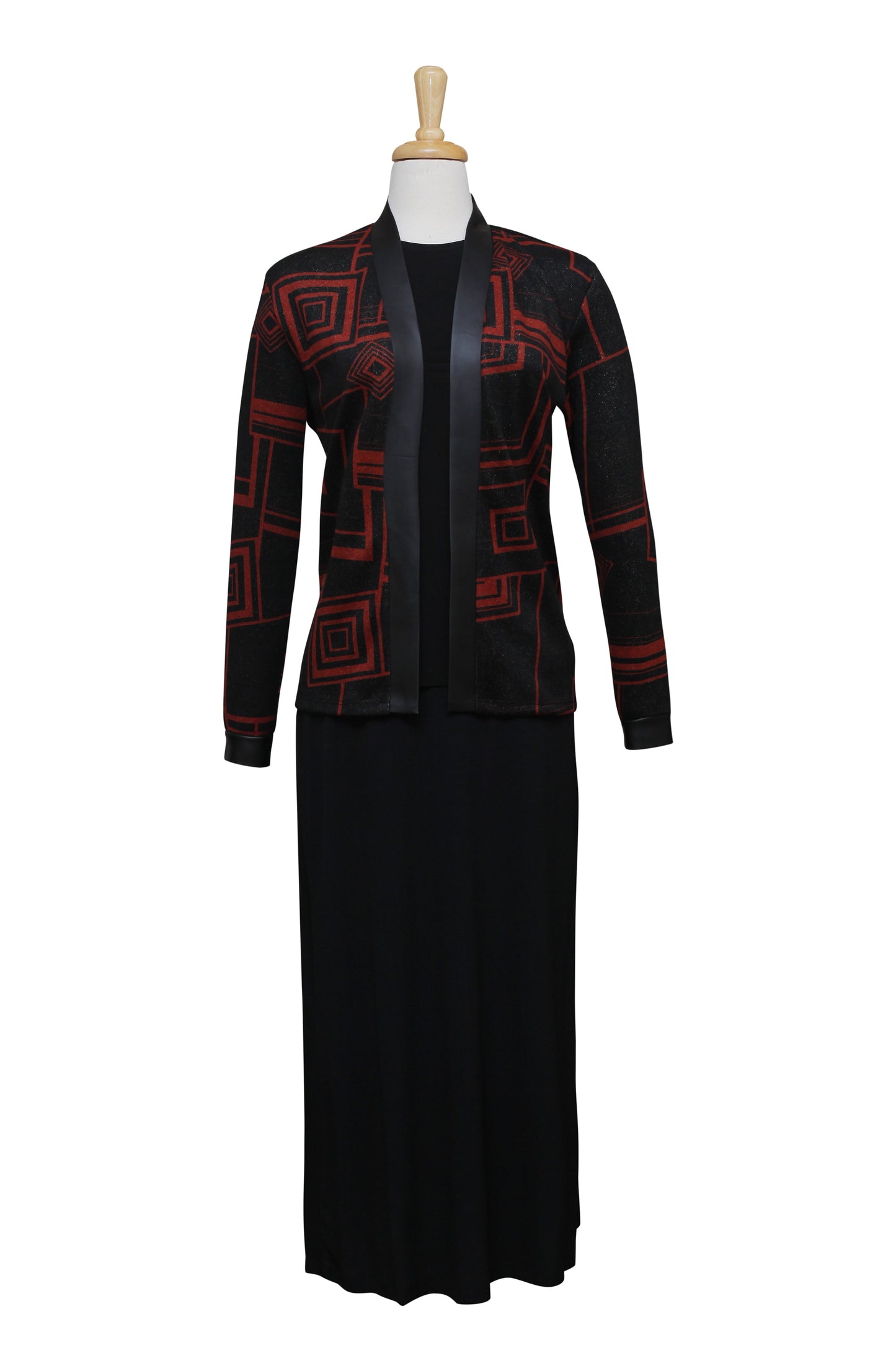 Three Piece Black and Rust Geometric Knit Set With Leather Trim
