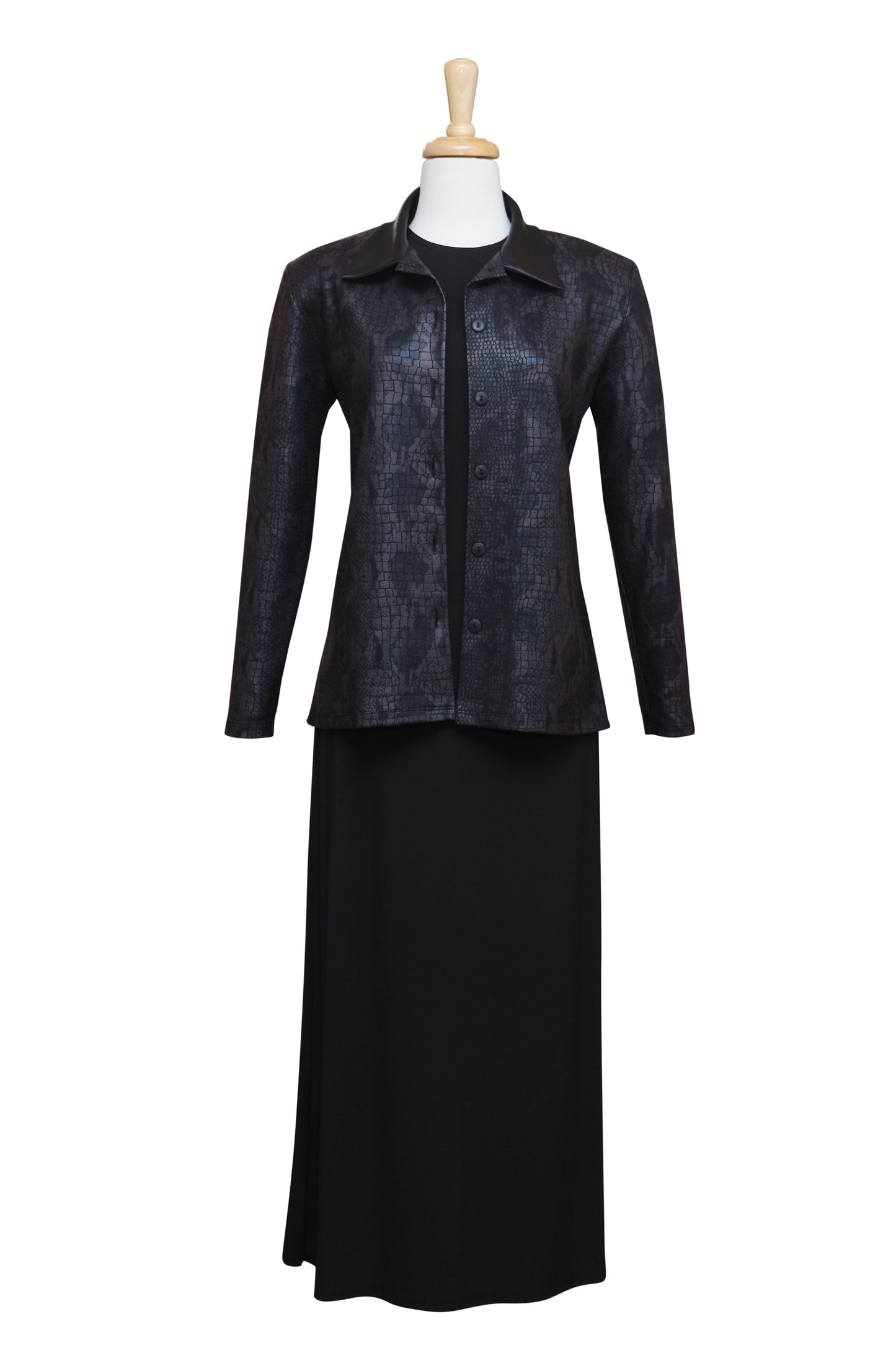 Three Piece Black Ponti Knit - Leather Screening & Collar with Matte Jersey Skirt