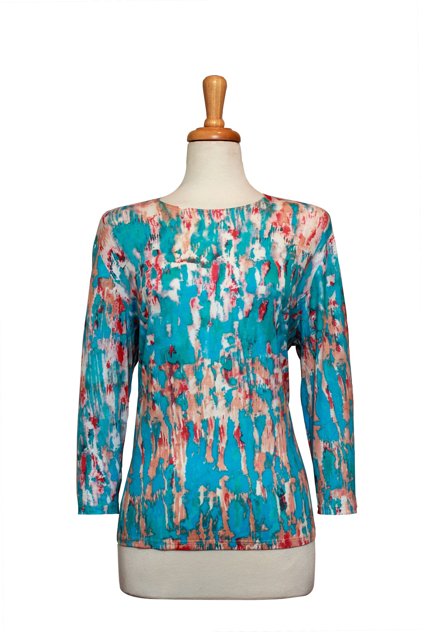 Turquoise and Beige Waterfall Cotton 3/4 Sleeve Top