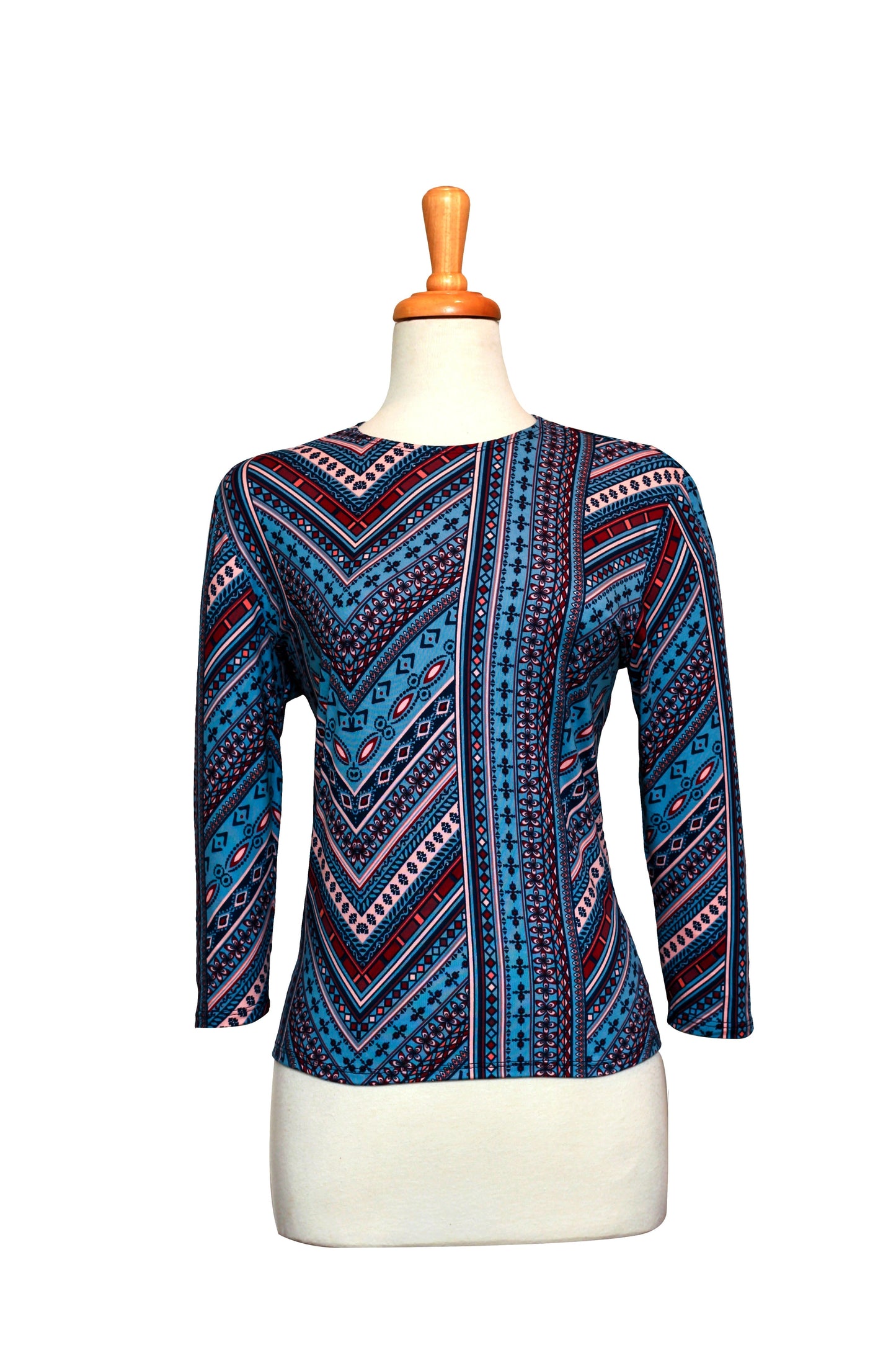 Smoked Blue and Burgundy Geometric Cotton 3/4 Sleeve Top