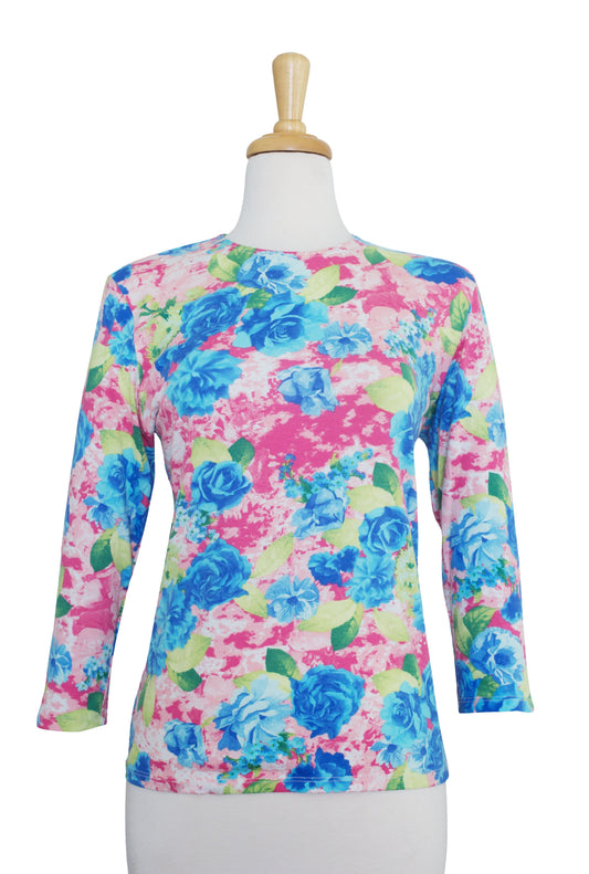 Plus Size Shades of Blue and Pink Floral 3/4 Sleeve  Cotton Top