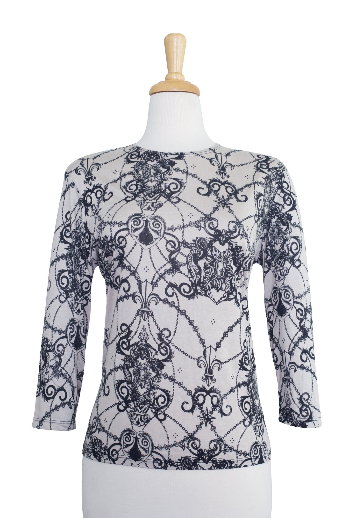 Taupe and Black Emblems and Chains 3/4 Sleeve  Cotton Top