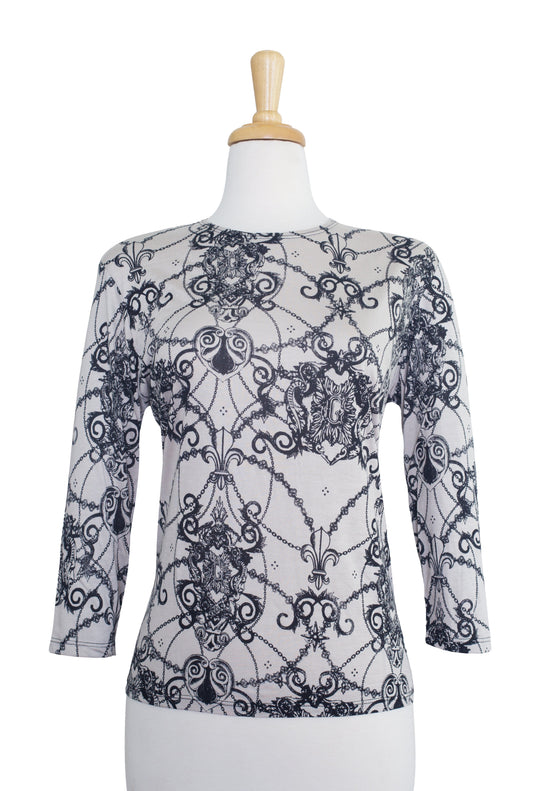 Taupe and Black Emblems and Chains 3/4 Sleeve  Cotton Top