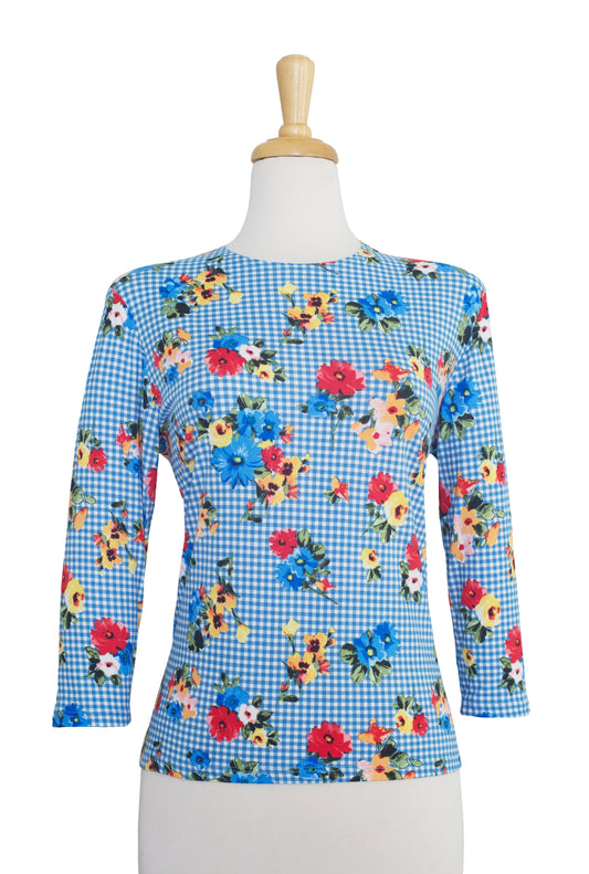 Plus Size Blue and White Checked Floral Bouquet 3/4 Sleeve  Cotton Top