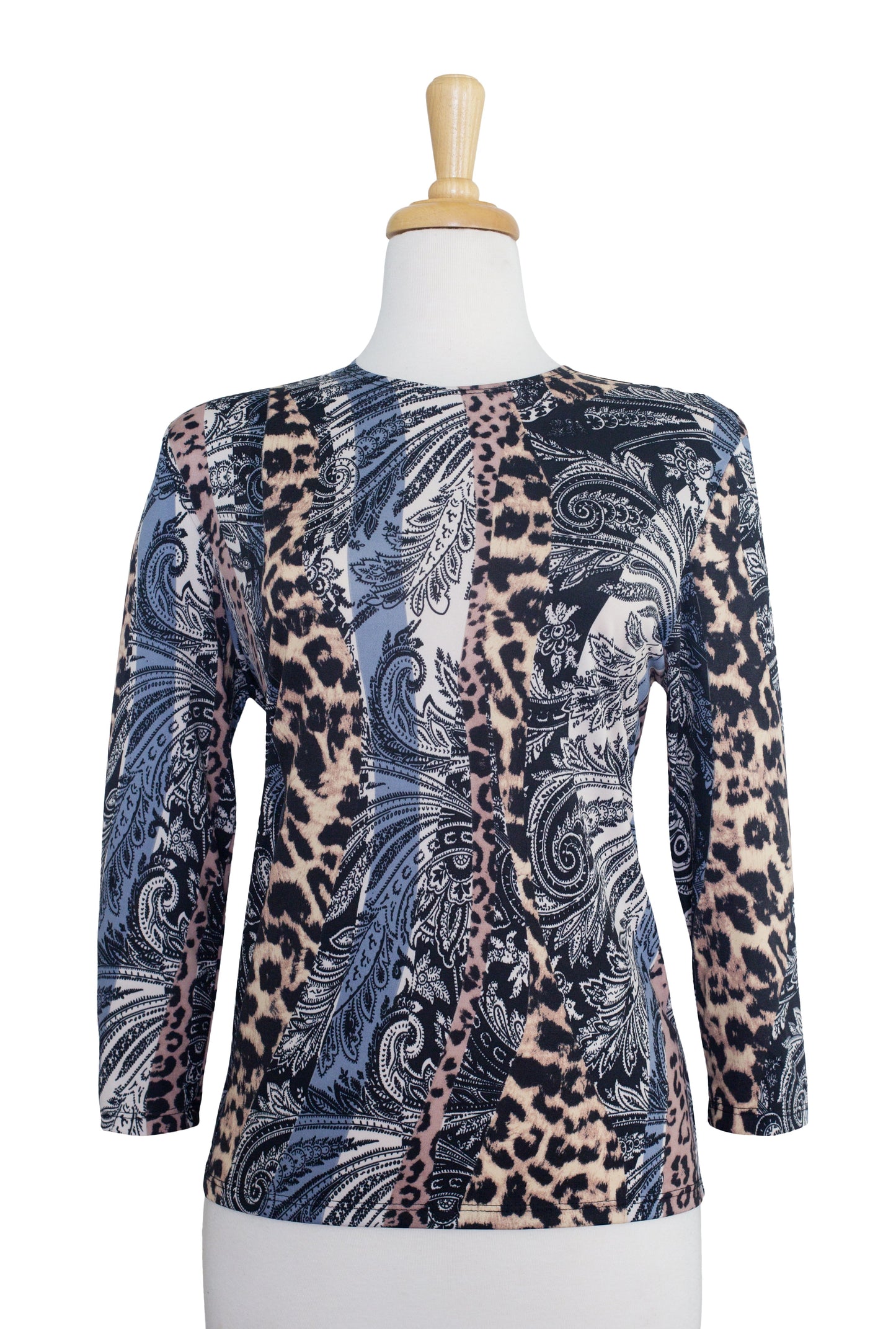 Taupe, Grey and Black Abstract Leopard Print and Paisley 3/4 Sleeve  Cotton Top