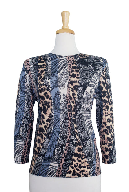 Taupe, Grey and Black Abstract Leopard Print and Paisley 3/4 Sleeve  Cotton Top